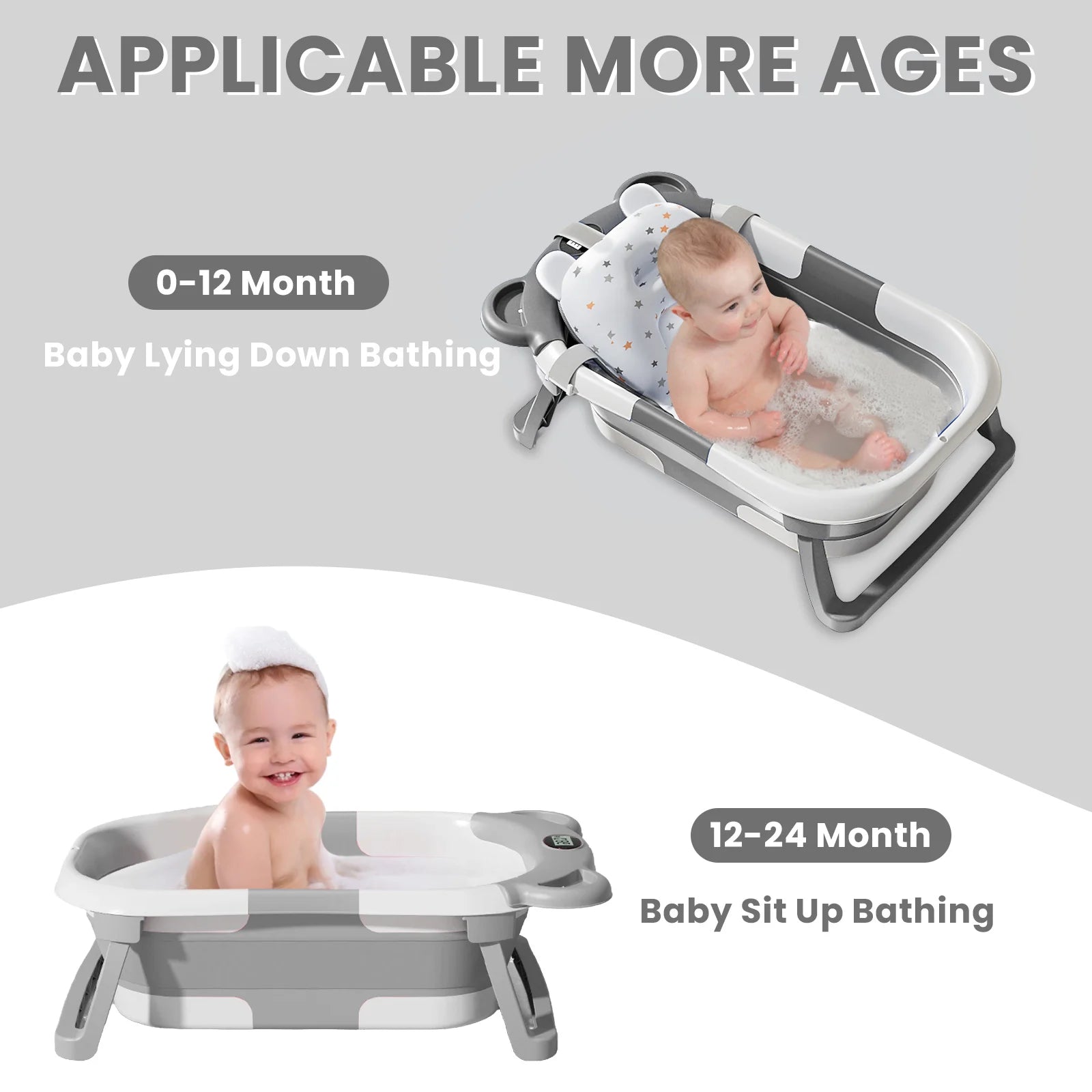 Folding Baby Bath Tub – with Thermometer, Anti-Slip & Bath Cushion, Easy Storage (0-36 Months, Gray Blue Pink)