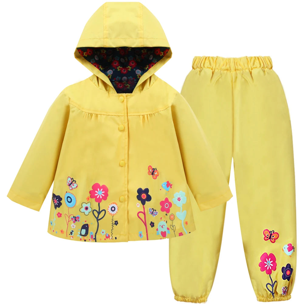 2pcs Children Waterproof Coat Pants Set Spring Autumn Long Sleeve Flower Print for Toddler Boys & Girls