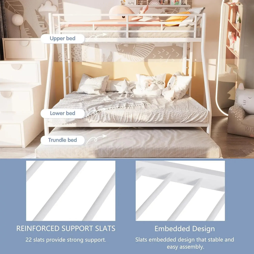Metal Loft Bed with 2 Secured Ladders, Bunk Bed Twin Over Full with Trundle, Trundle Beds Twin Safety Guard, Noise Free
