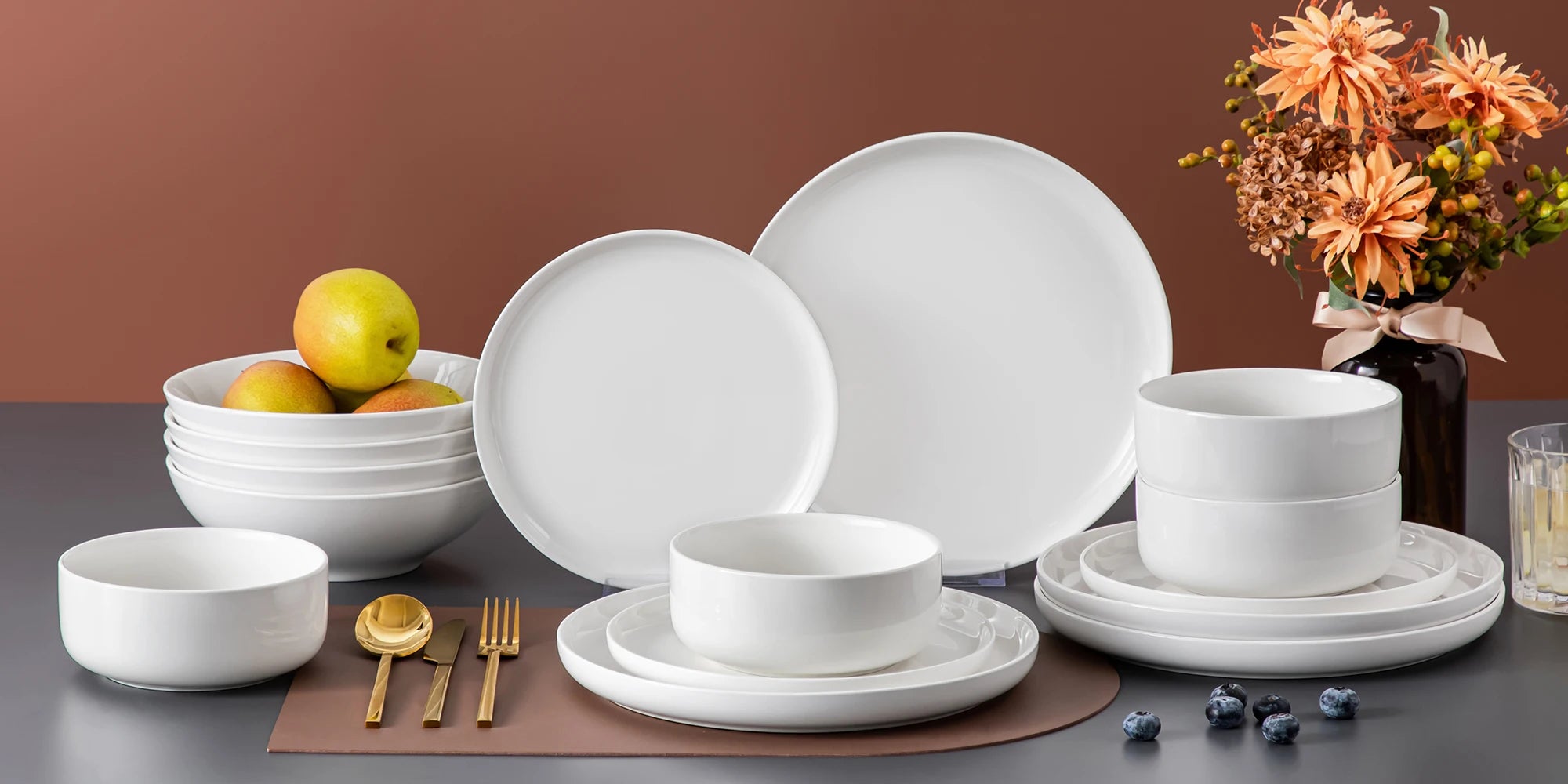 MALACASA 16/32 Piece White and black Rim Porcelain Dinnerware Set Curved Edge with 4 pcs dinner plate/Dessert Plate/Soup/Bowl