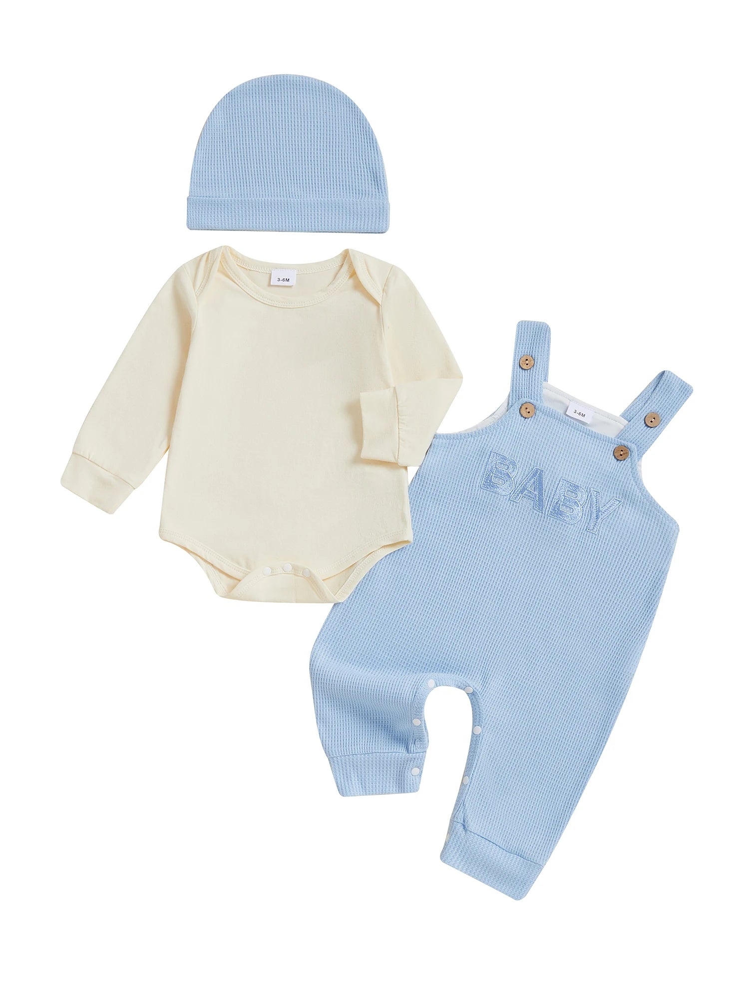 Adorable Baby Boy Autumn Ensemble Cozy Long Sleeve Romper Stylish Embroidered Overall Pants and Matching Beanie Cap - 3