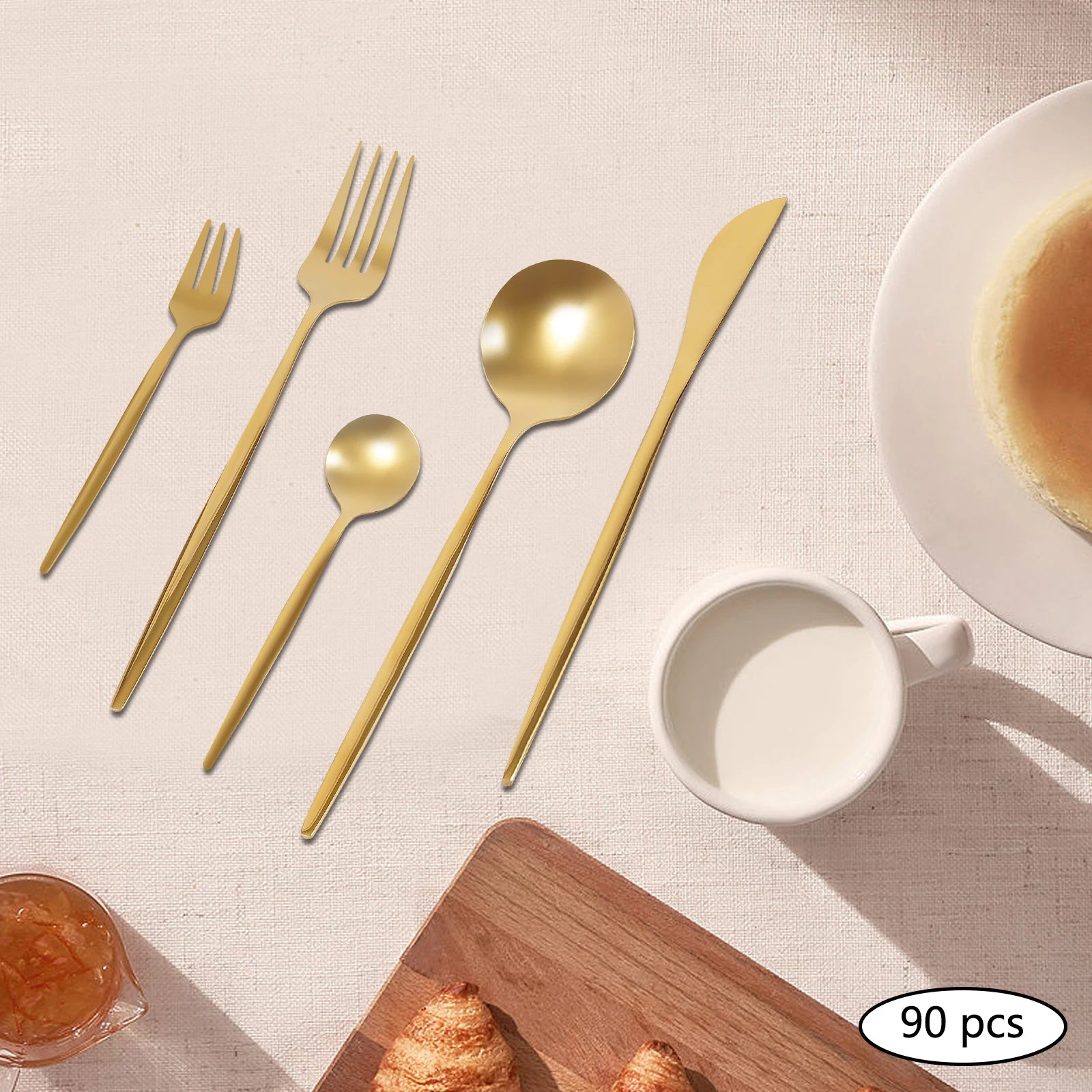 90 Pcs Gold Flatware Set