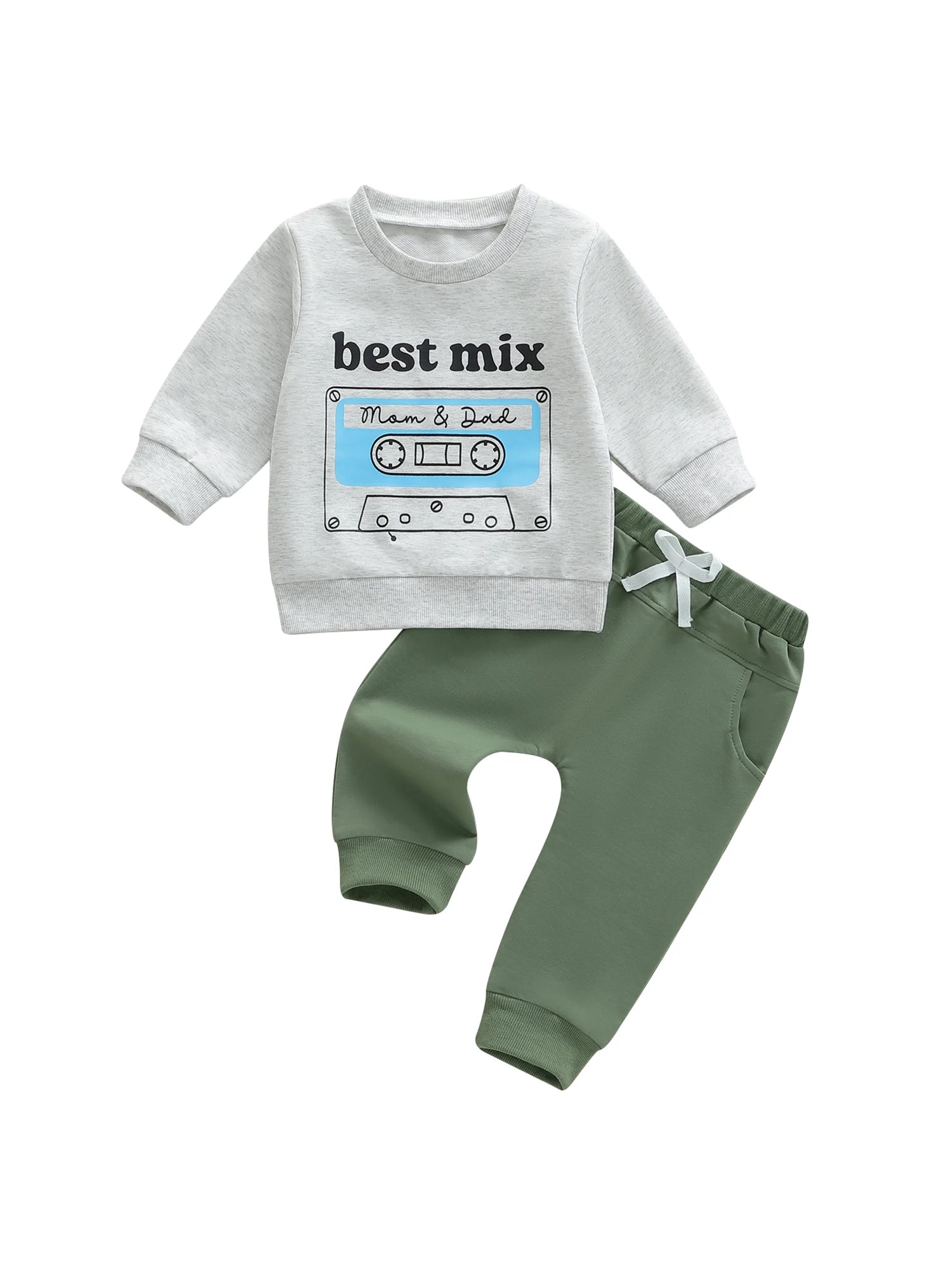 Baby Boy Autumn Clothes Set with Cartoon Dinosaur Print Long Sleeve Top Elastic Waist Solid Color Pants 2 Piece Outfit