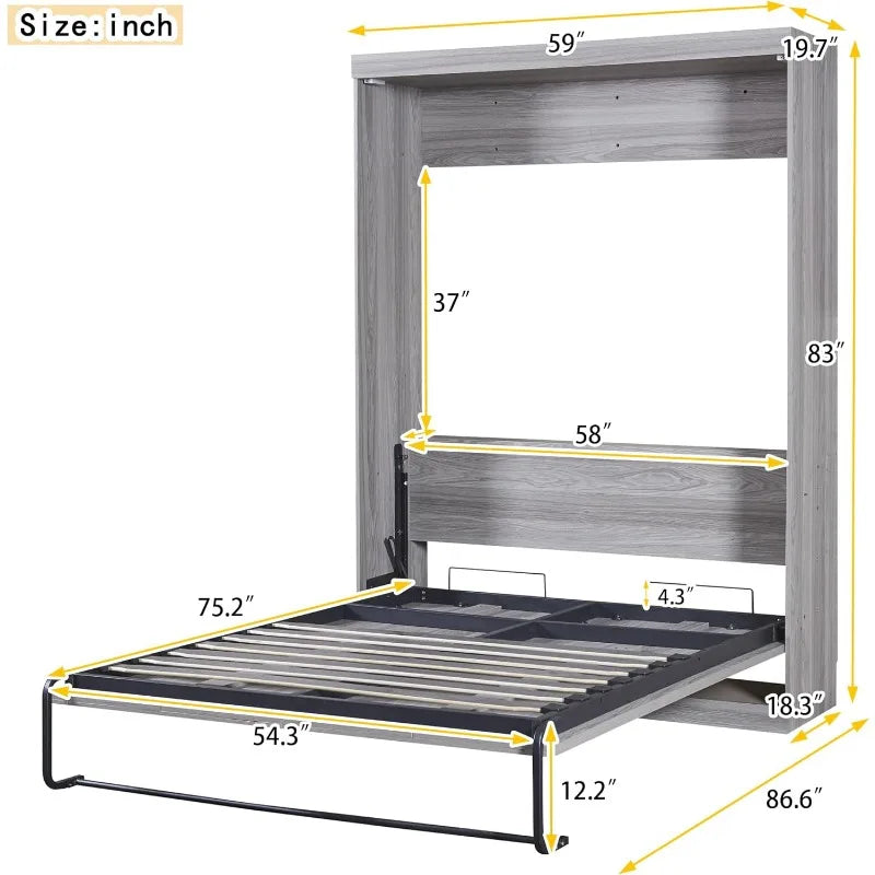 Kids Bedroom,Guest Room,Gray Full Murphy Bed with Wardrobe & Drawers, Space Saving Gray