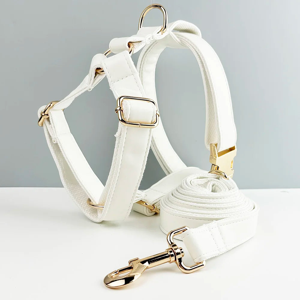 White Leather Dog Collar And Leash Set