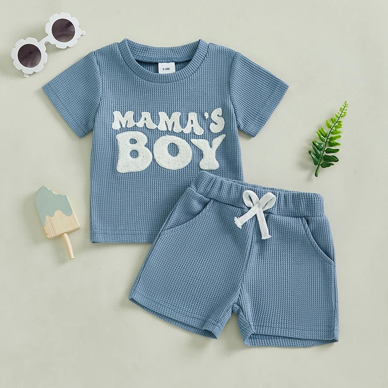 Infant Boy Casual Wear Short Sleeve Tee and Solid Shorts Set with Embroidered Letters - Summer 2 Piece Outfit in Waffle Knit