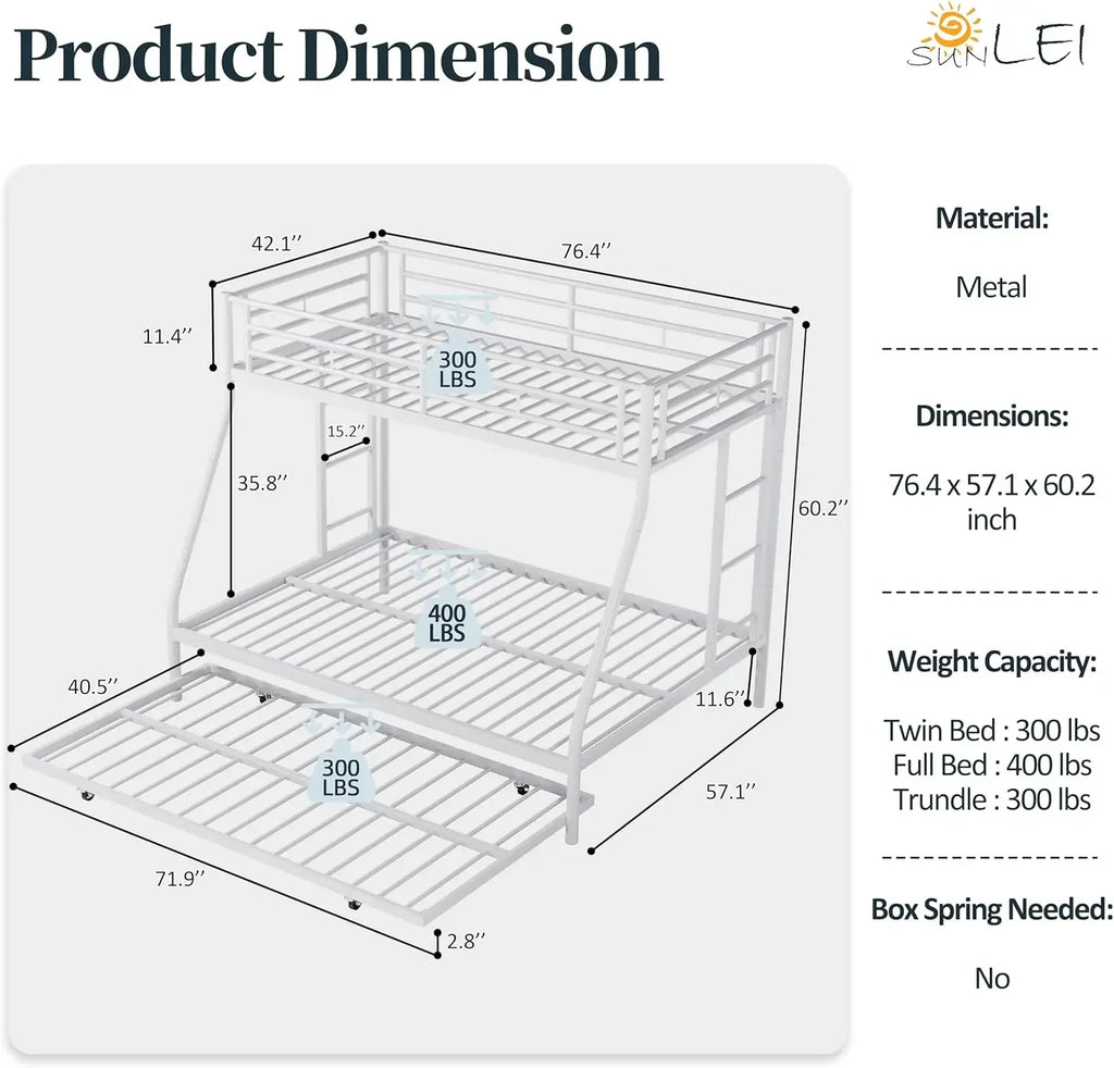 Metal Loft Bed with 2 Secured Ladders, Bunk Bed Twin Over Full with Trundle, Trundle Beds Twin Safety Guard, Noise Free