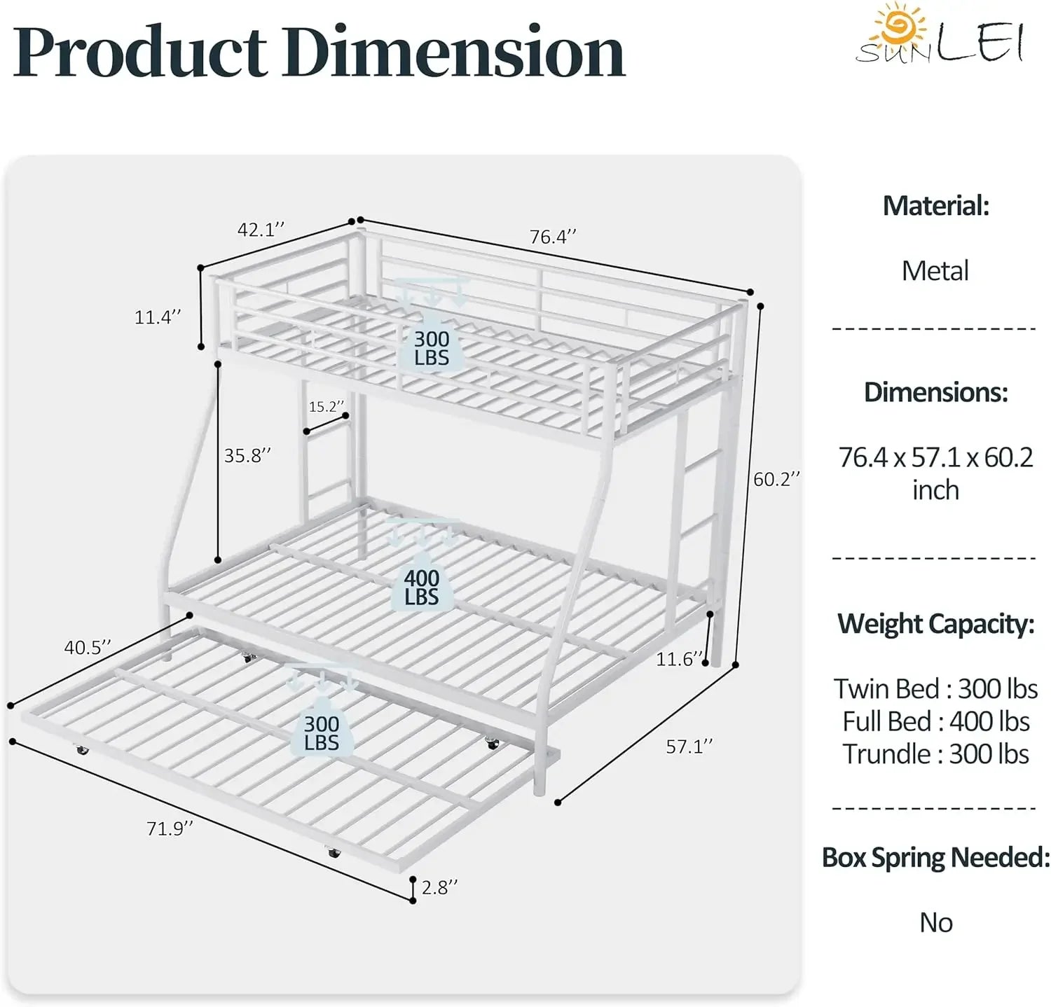 Metal Loft Bed with 2 Secured Ladders, Bunk Bed Twin Over Full with Trundle, Trundle Beds Twin Safety Guard, Noise Free