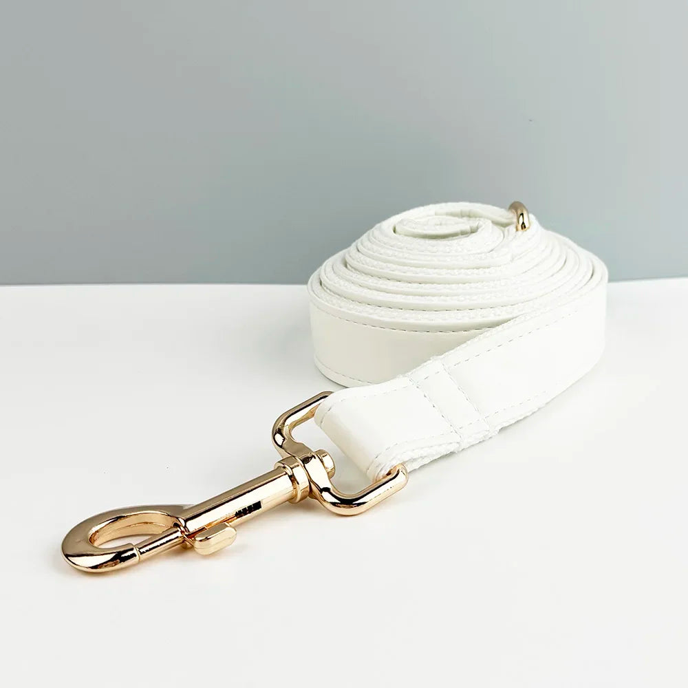 White Leather Dog Collar And Leash Set