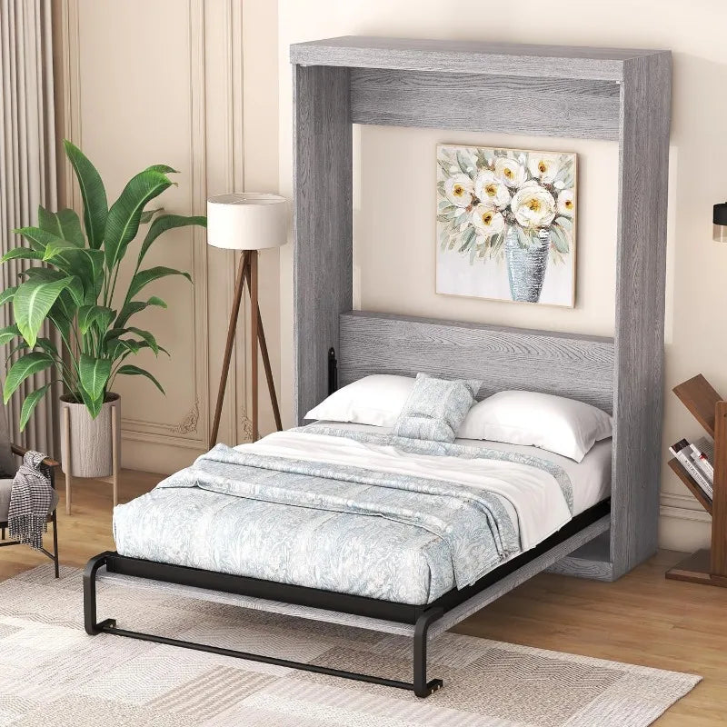 Kids Bedroom,Guest Room,Gray Full Murphy Bed with Wardrobe & Drawers, Space Saving Gray
