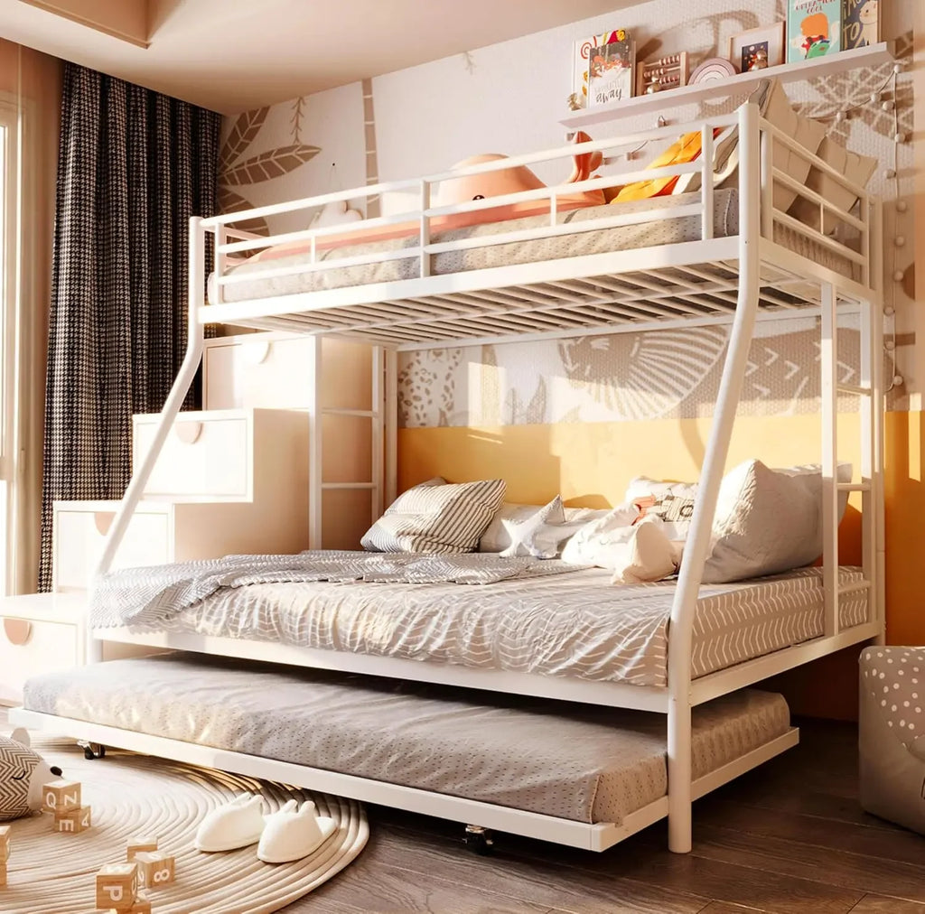Metal Loft Bed with 2 Secured Ladders, Bunk Bed Twin Over Full with Trundle, Trundle Beds Twin Safety Guard, Noise Free