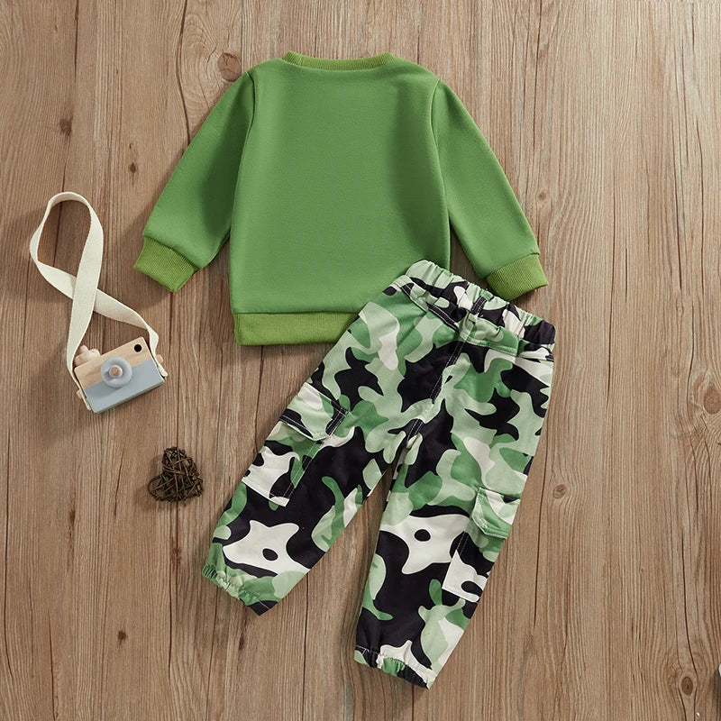 Toddler Boy Stylish Outfit Set Crew Neck Long Sleeve Graphic Tee Adjustable Waist Camo Cargo Joggers Little Boy 2 Piece Set