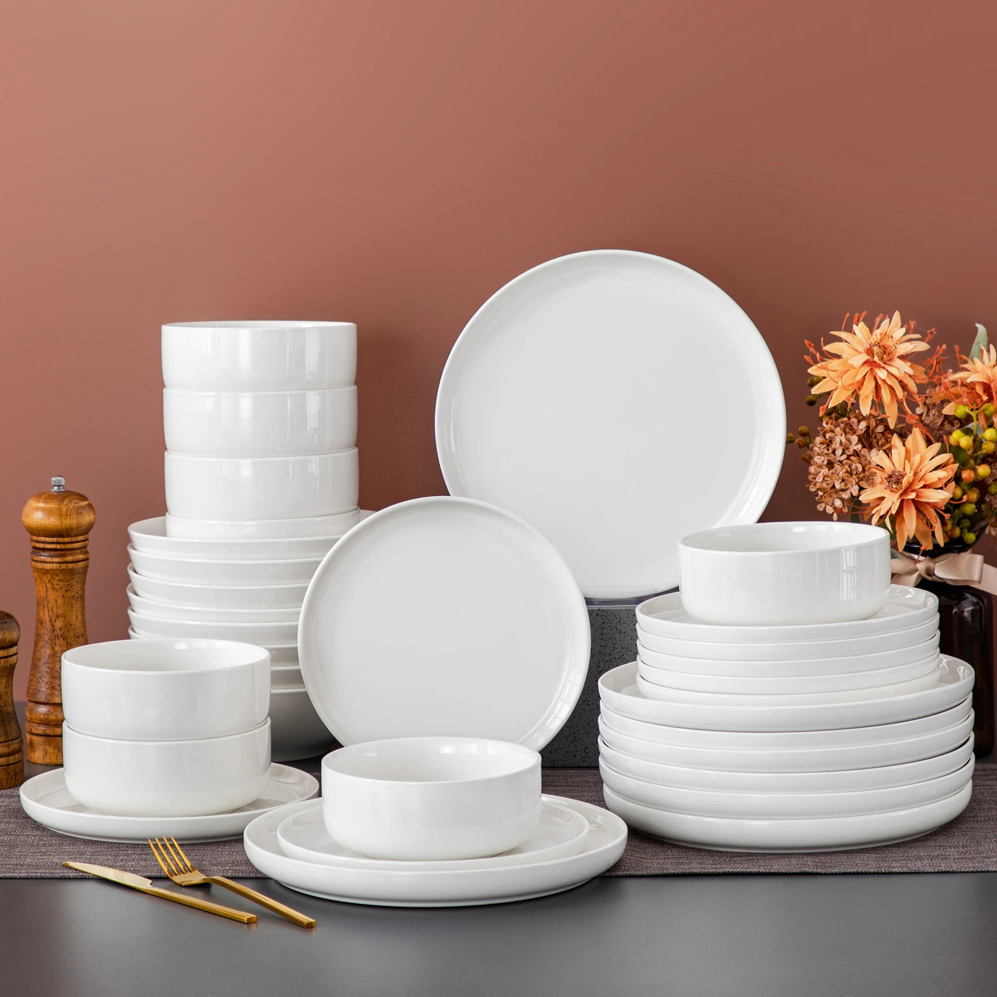 MALACASA 16/32 Piece White and black Rim Porcelain Dinnerware Set Curved Edge with 4 pcs dinner plate/Dessert Plate/Soup/Bowl
