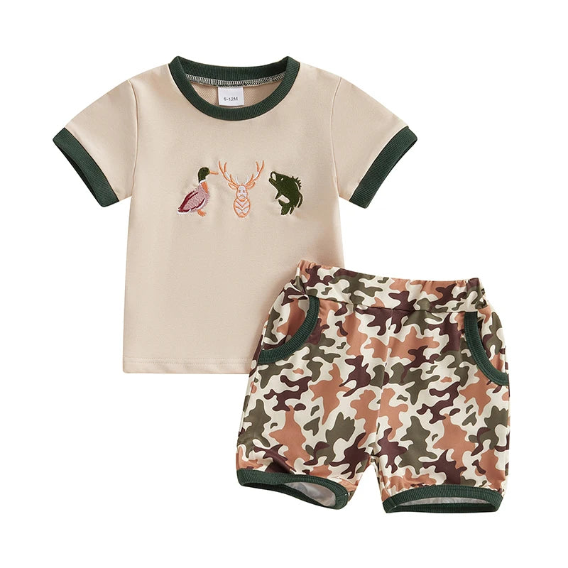 Toddler Boys Casual Outfits Cute Animal Print Short Sleeve T-Shirt and Elastic Waist Camo Shorts Set for Summer 2 Piece