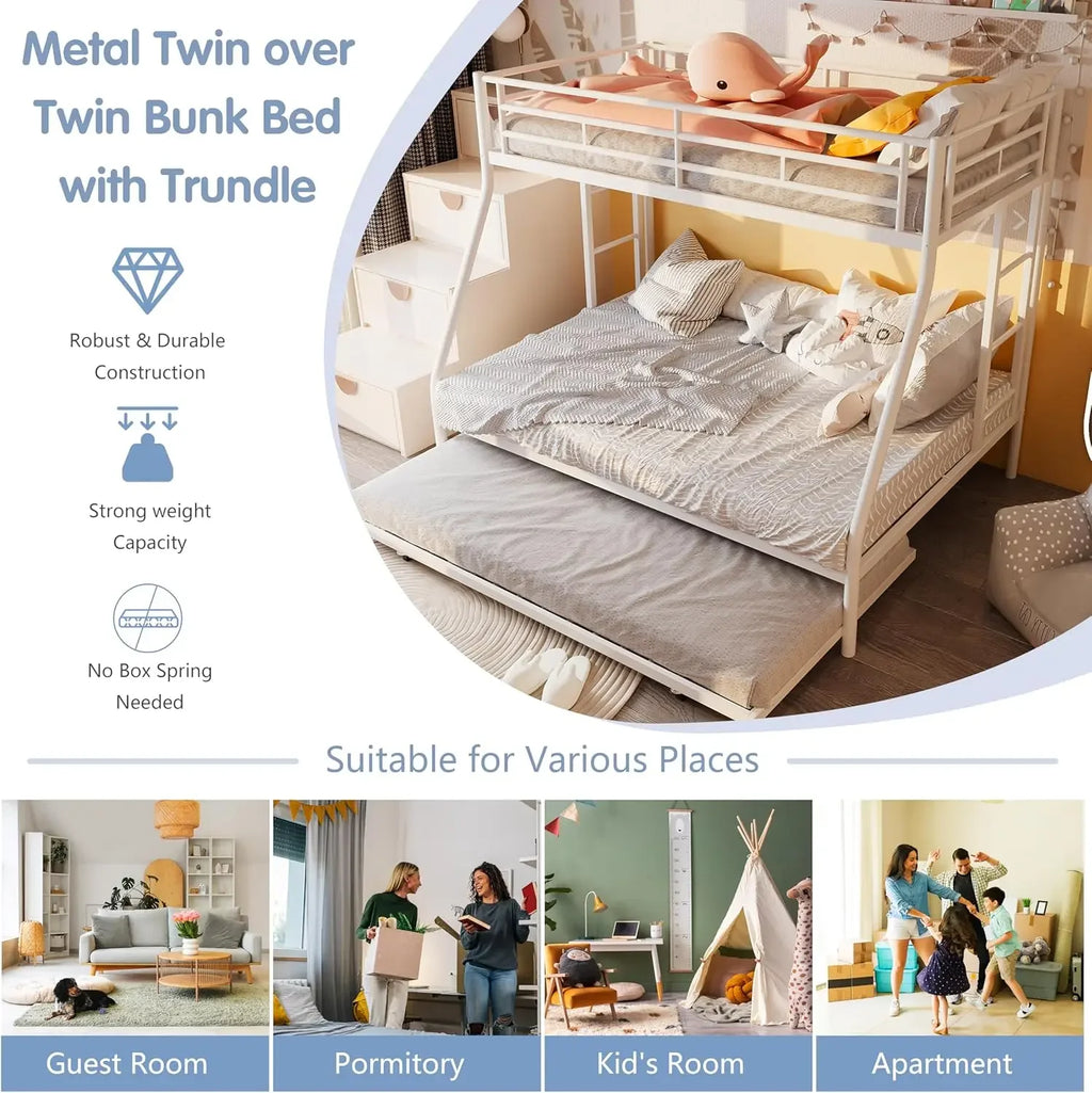 Metal Loft Bed with 2 Secured Ladders, Bunk Bed Twin Over Full with Trundle, Trundle Beds Twin Safety Guard, Noise Free