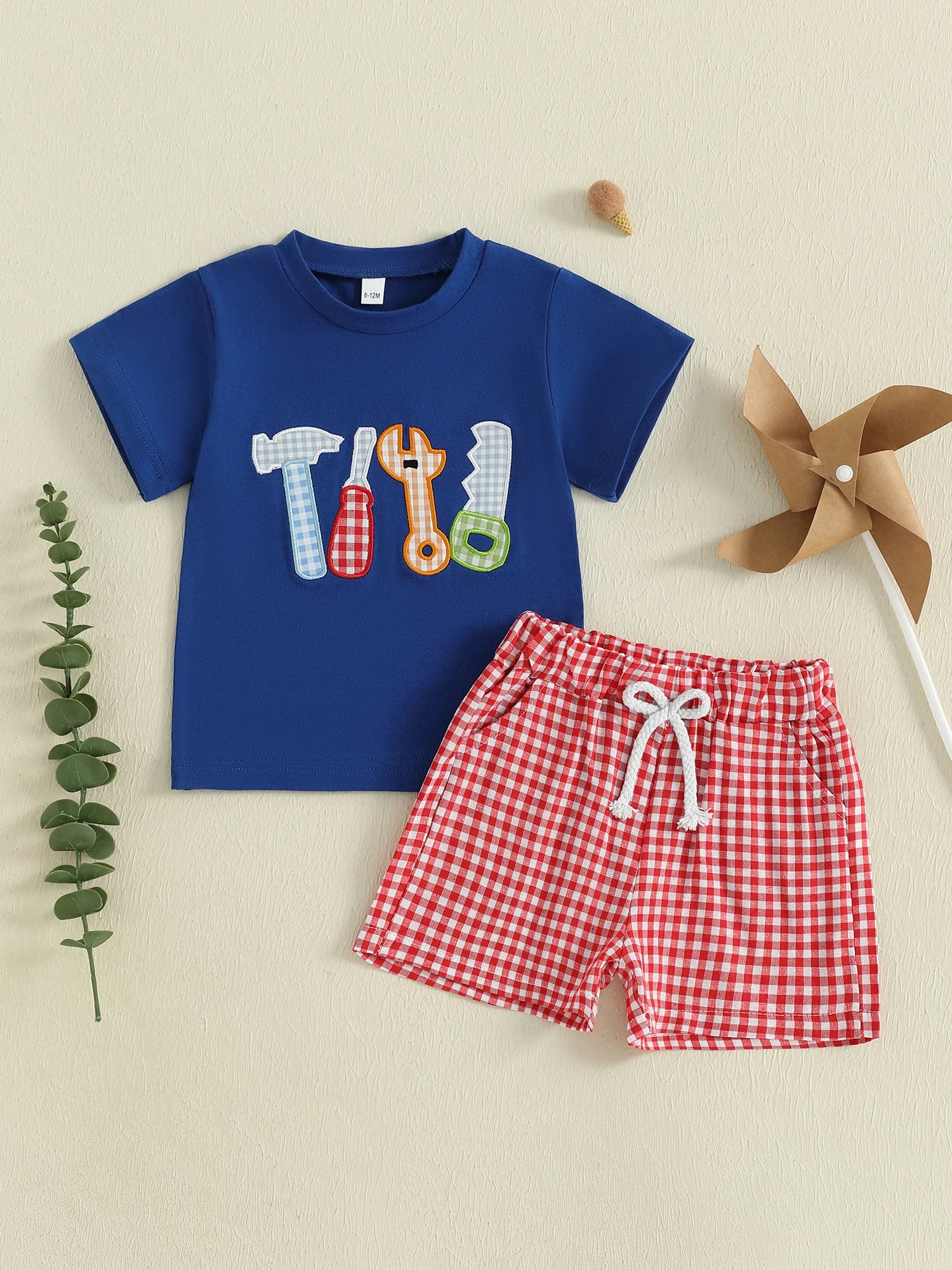 Adorable Baby Boys Summer Outfits with Cute Animal Embroidery Short Sleeves T-Shirt and Comfortable Plaid Shorts - 2 Piece