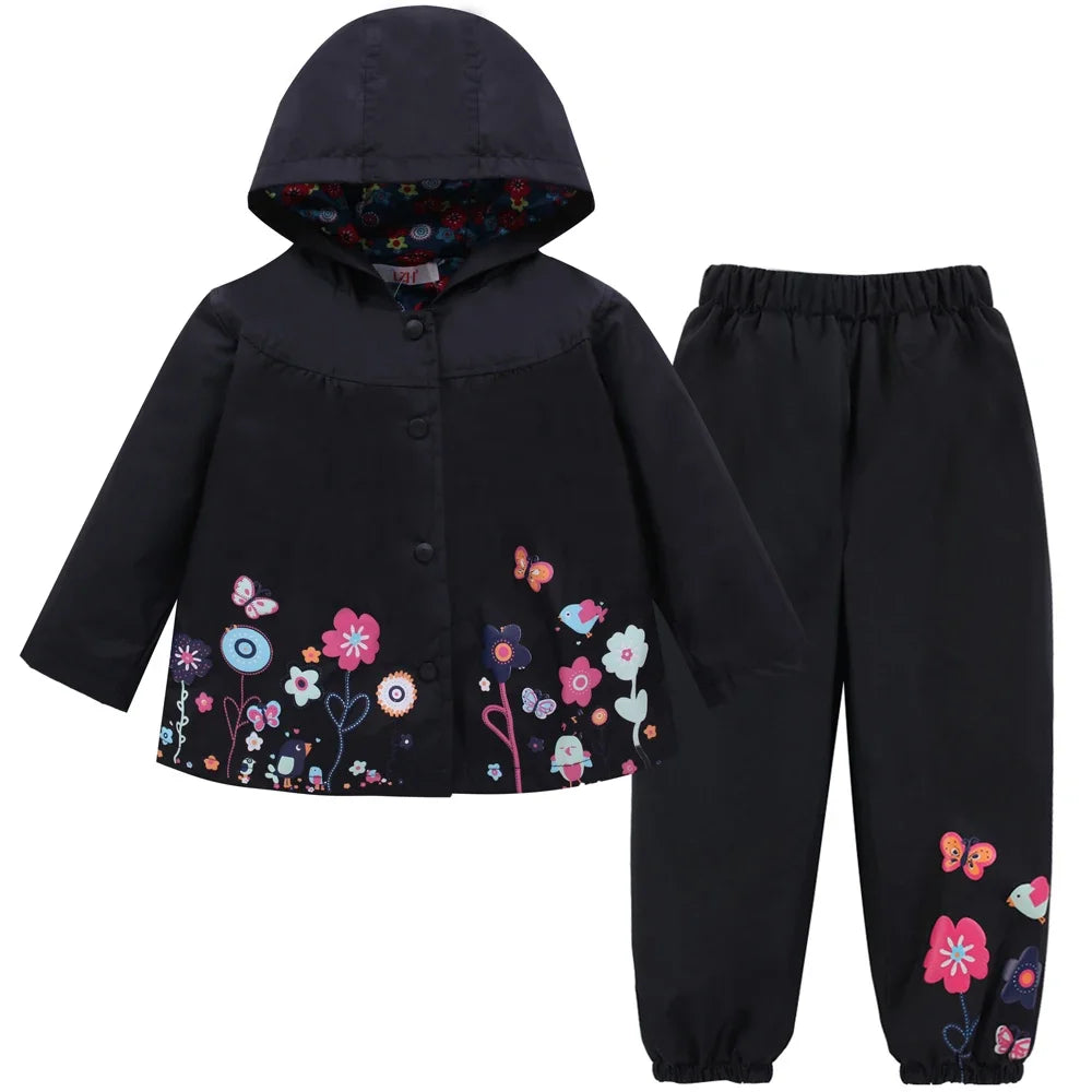 2pcs Children Waterproof Coat Pants Set Spring Autumn Long Sleeve Flower Print for Toddler Boys & Girls
