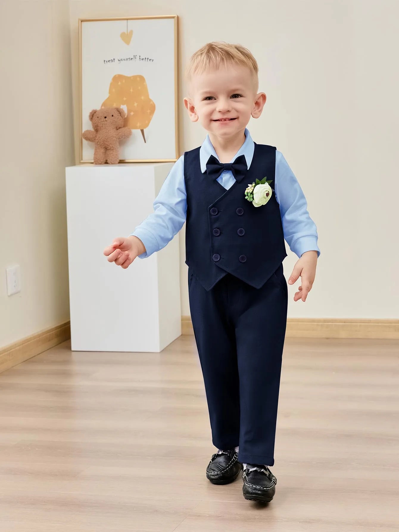 Baby Boy Clothes Suits 5PC Infant Gentleman Outfit Dress Shirt+Bowtie+Vest+Corsage+Pants  Toddler Boy Wedding Party Outfits