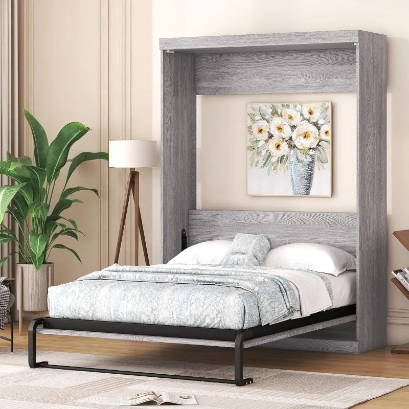Kids Bedroom,Guest Room,Gray Full Murphy Bed with Wardrobe & Drawers, Space Saving Gray