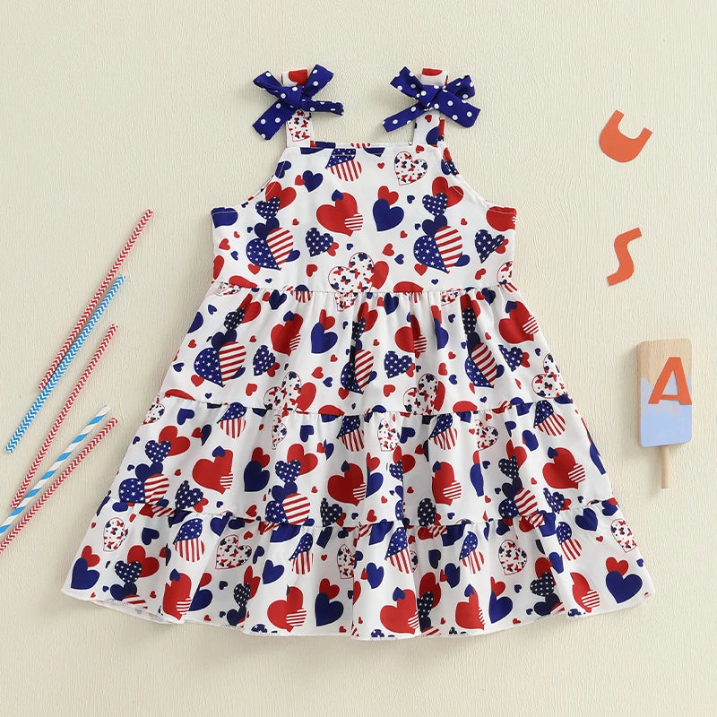 Girls American Flag Print Sleeveless Dress for 4th of July Beach Party Patriotic Outfit Cute Summer Clothes for Toddlers