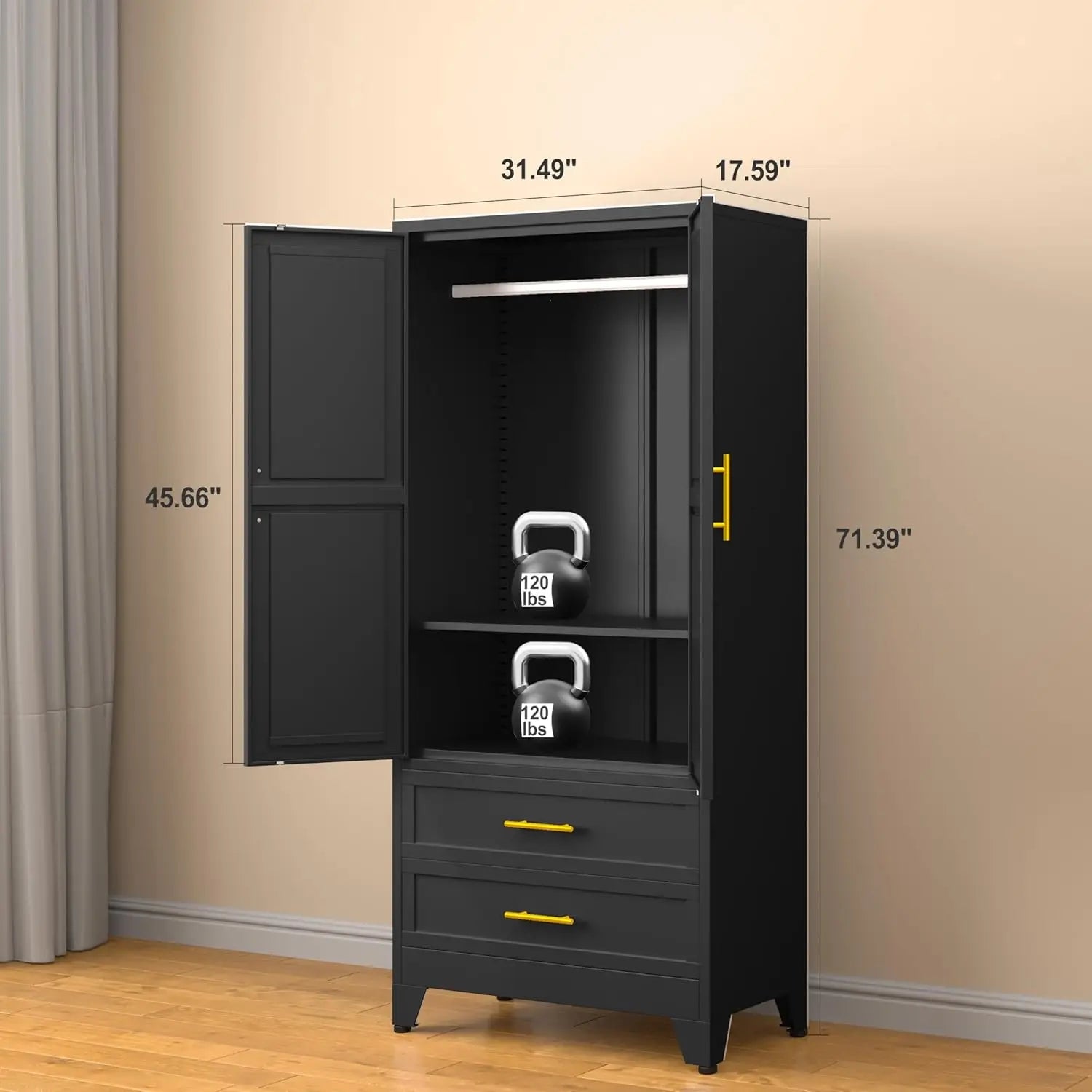 71' Metal Wardrobe Cabinet with Rod, 2 Drawers, Adjustable Shelf
