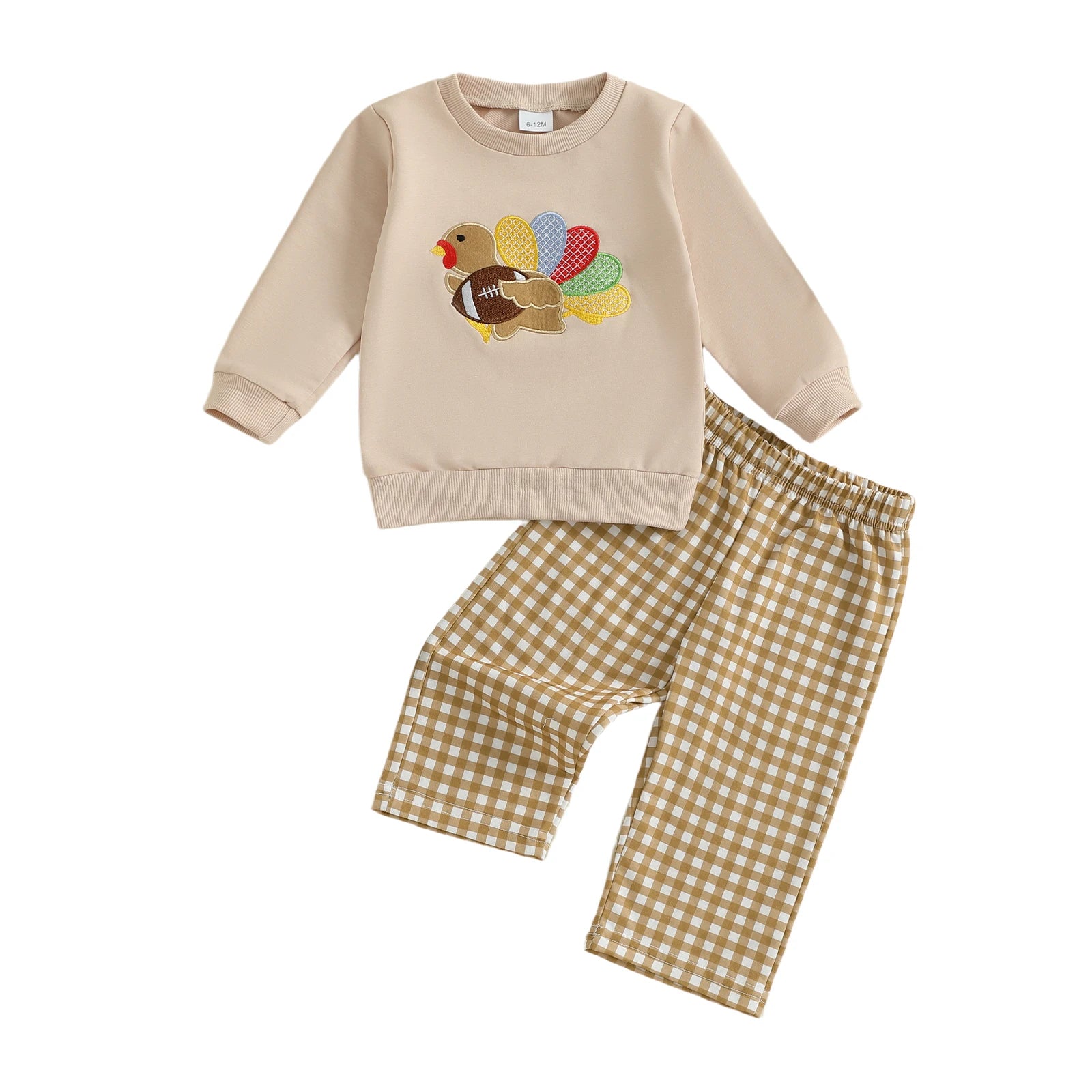 Baby Boys 2-piece Set Cute Turkey Embroidery Long Sleeve Sweatshirt with Plaid Pants Thanksgiving Outfit for Toddlers