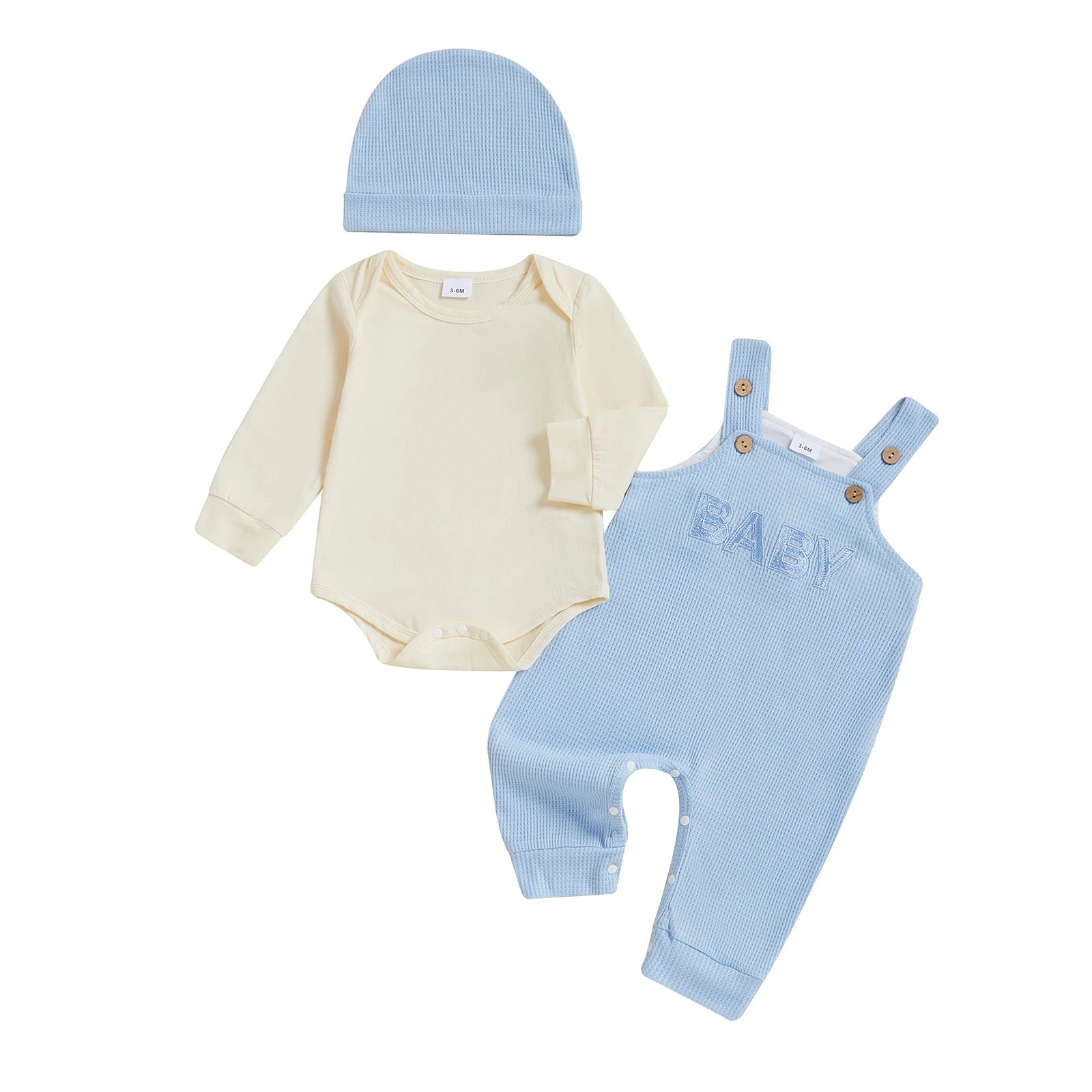 Adorable Baby Boy Autumn Ensemble Cozy Long Sleeve Romper Stylish Embroidered Overall Pants and Matching Beanie Cap - 3