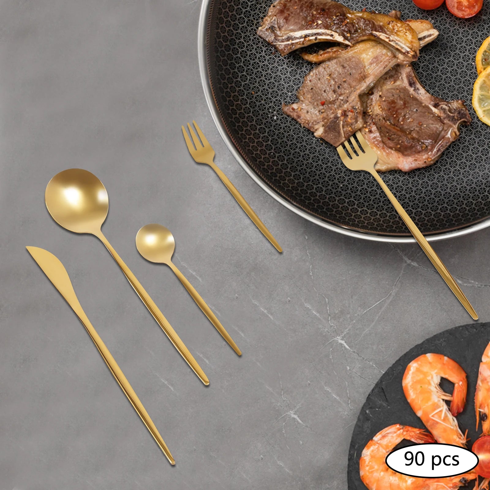 90 Pcs Gold Flatware Set