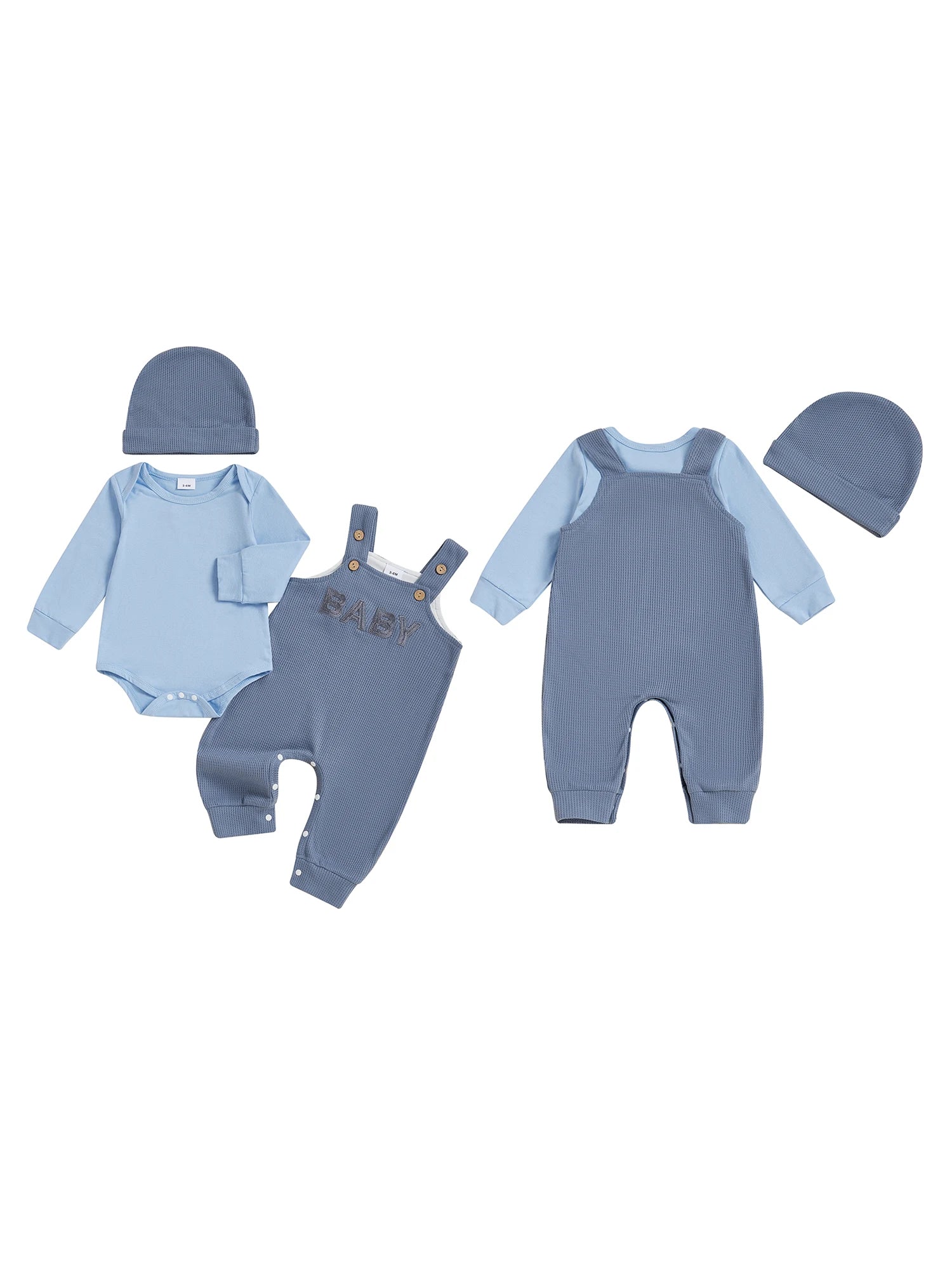 Adorable Baby Boy Autumn Ensemble Cozy Long Sleeve Romper Stylish Embroidered Overall Pants and Matching Beanie Cap - 3