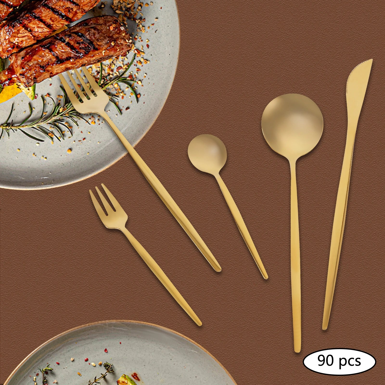 90 Pcs Gold Flatware Set