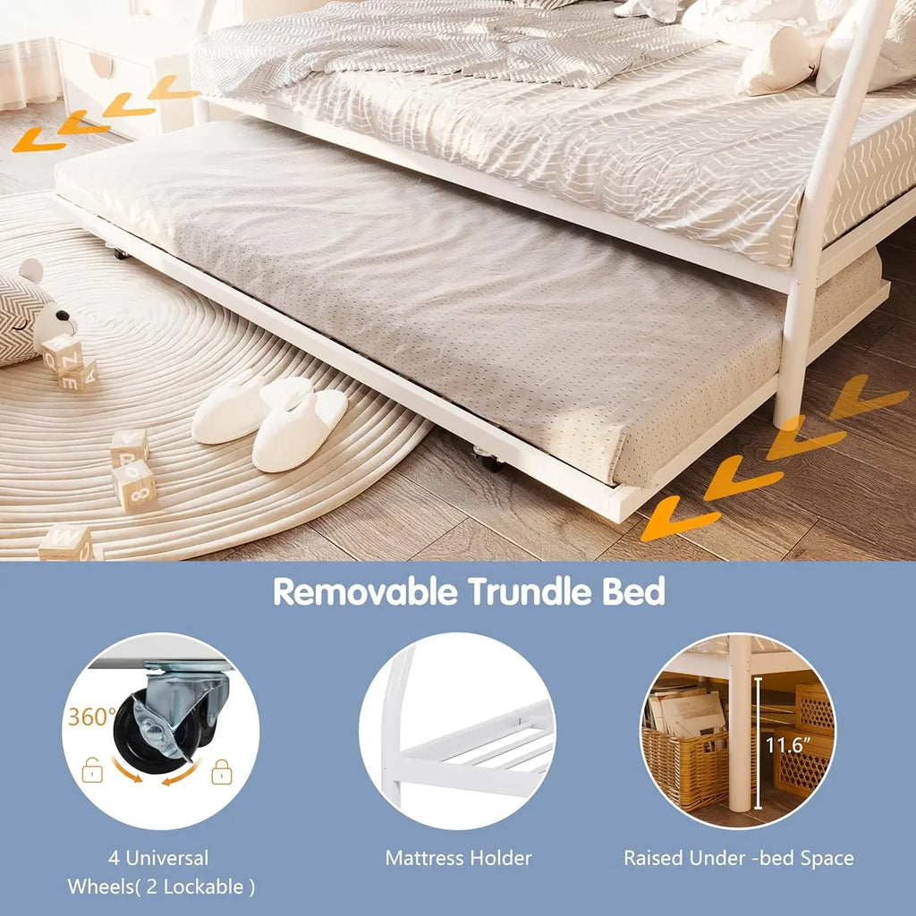 Metal Loft Bed with 2 Secured Ladders, Bunk Bed Twin Over Full with Trundle, Trundle Beds Twin Safety Guard, Noise Free