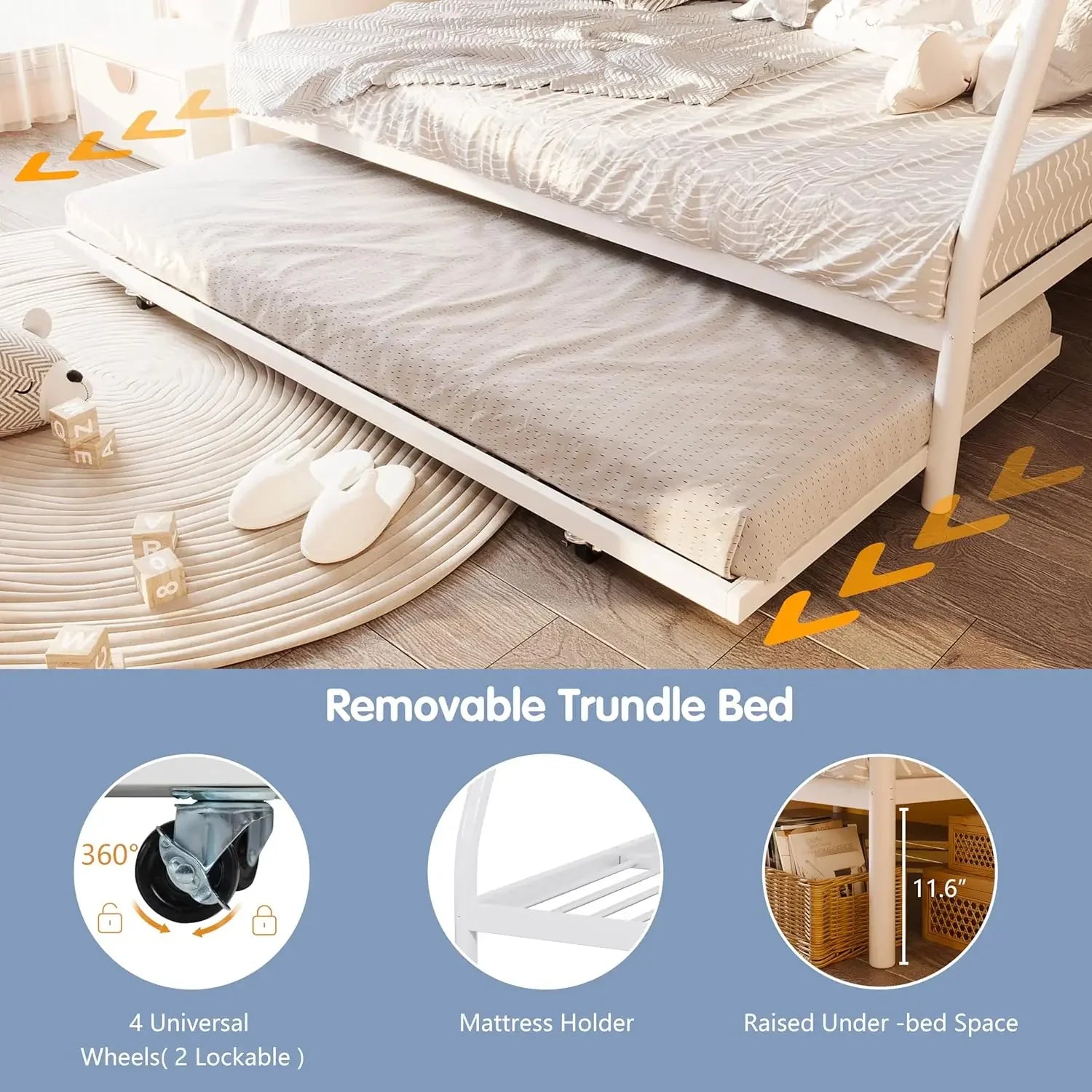 Metal Loft Bed with 2 Secured Ladders, Bunk Bed Twin Over Full with Trundle, Trundle Beds Twin Safety Guard, Noise Free