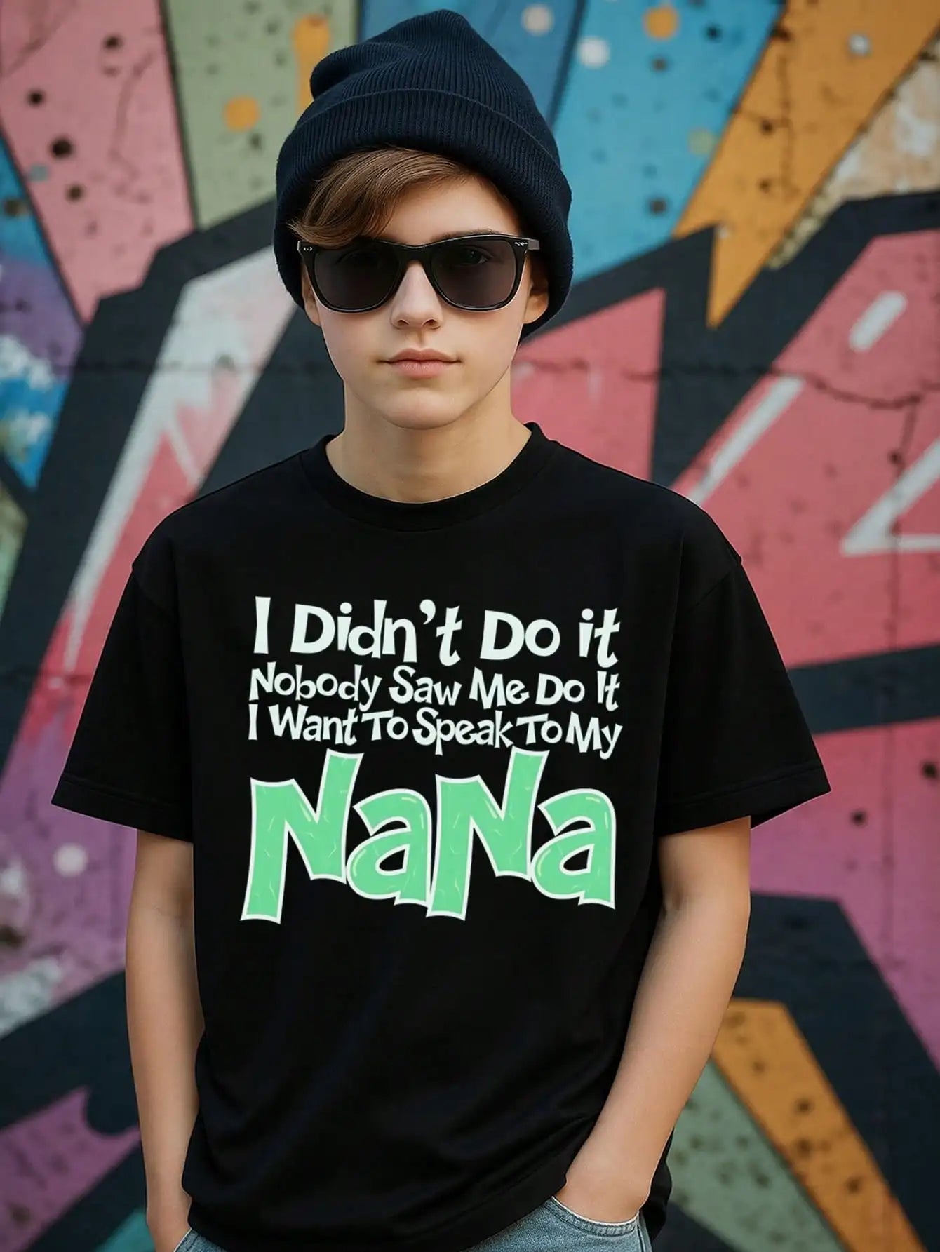 Tween Boys Humorous Cotton Graphic Tees, Black Casual With "I Didn't Do It Nobody Saw Me Do It I Want To Speak To My Nana,"