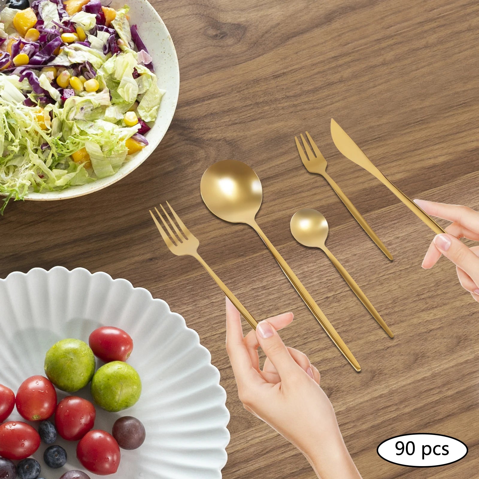 90 Pcs Gold Flatware Set