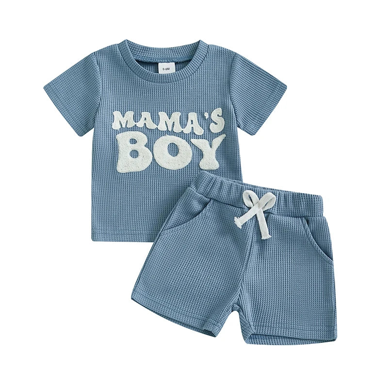 Infant Boy Casual Wear Short Sleeve Tee and Solid Shorts Set with Embroidered Letters - Summer 2 Piece Outfit in Waffle Knit