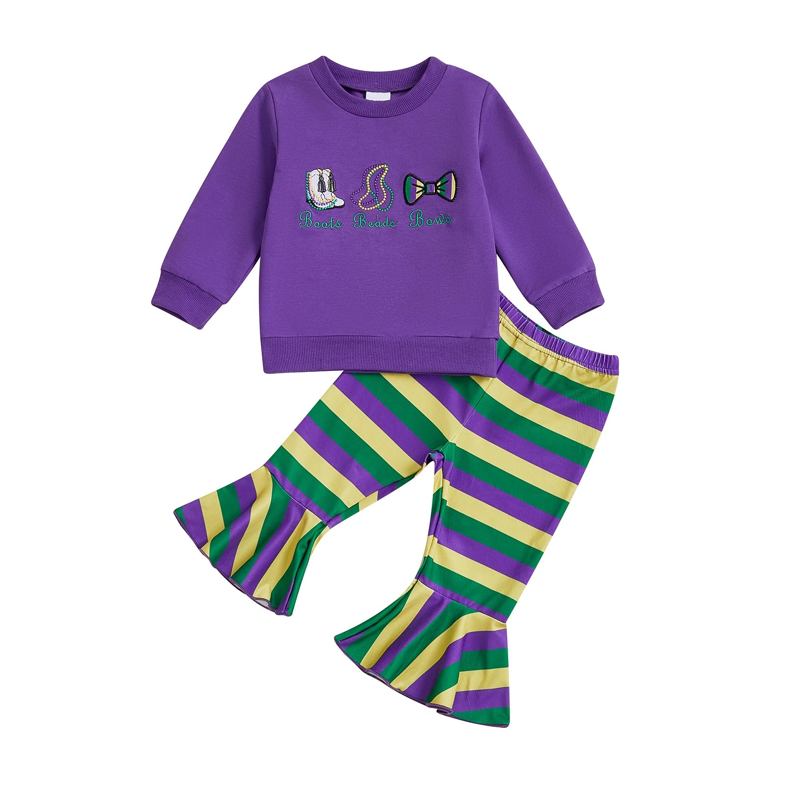 Girls Embroidered Hoodie and Striped Flare Pants Set
