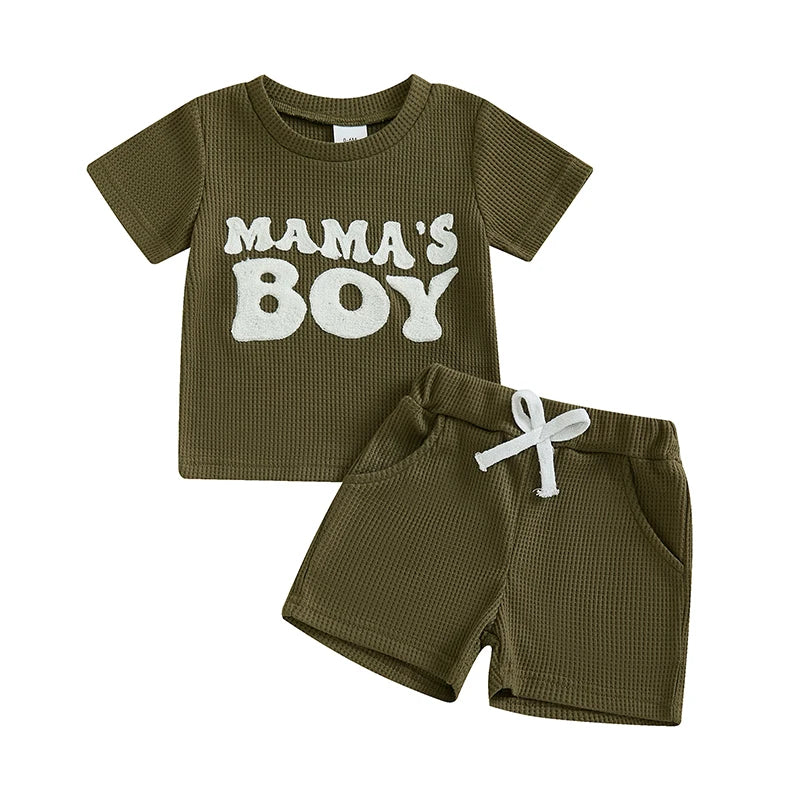 Infant Boy Casual Wear Short Sleeve Tee and Solid Shorts Set with Embroidered Letters - Summer 2 Piece Outfit in Waffle Knit