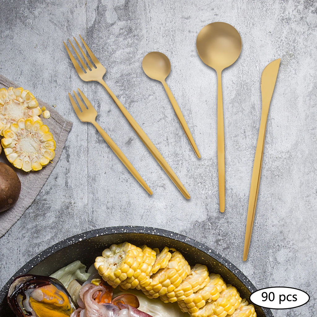 90 Pcs Gold Flatware Set