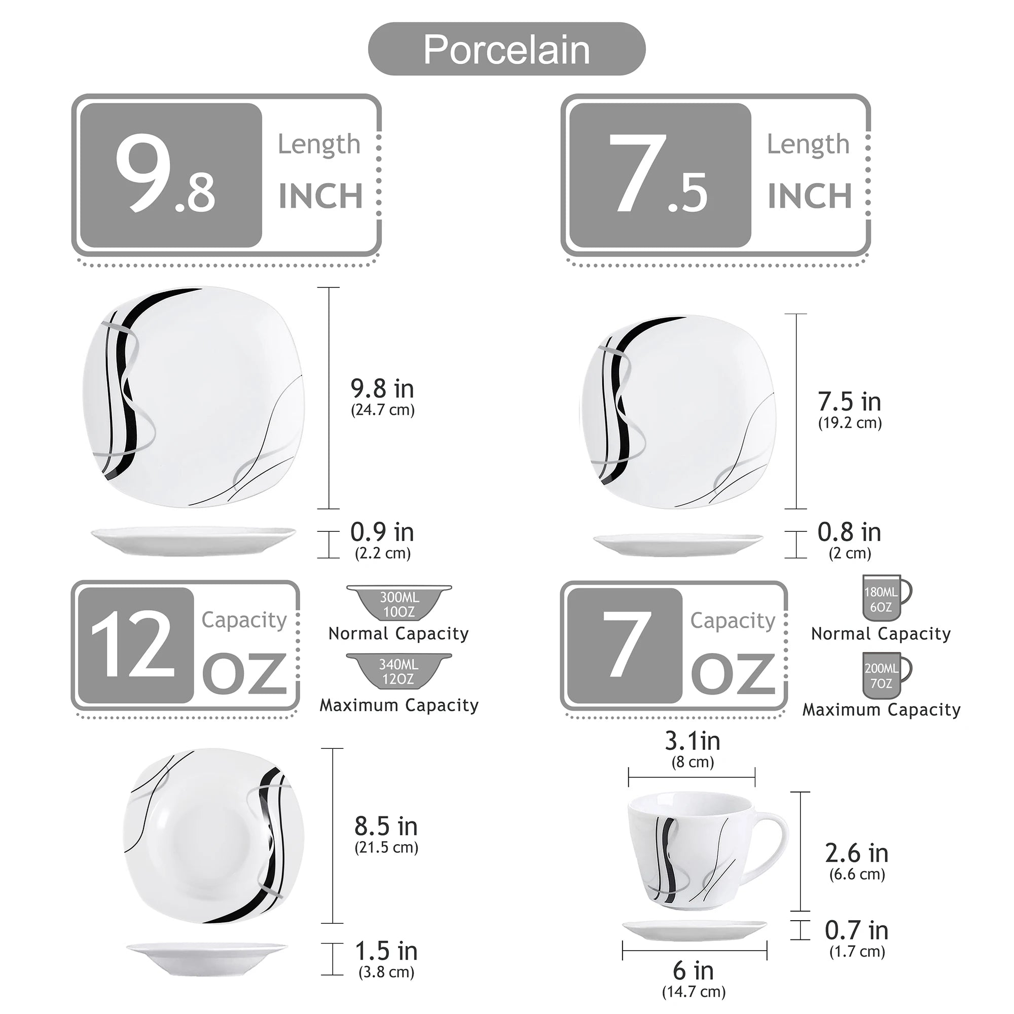 VEWEET FIONA Black Lines Porcelain Ceramic Tableware Set