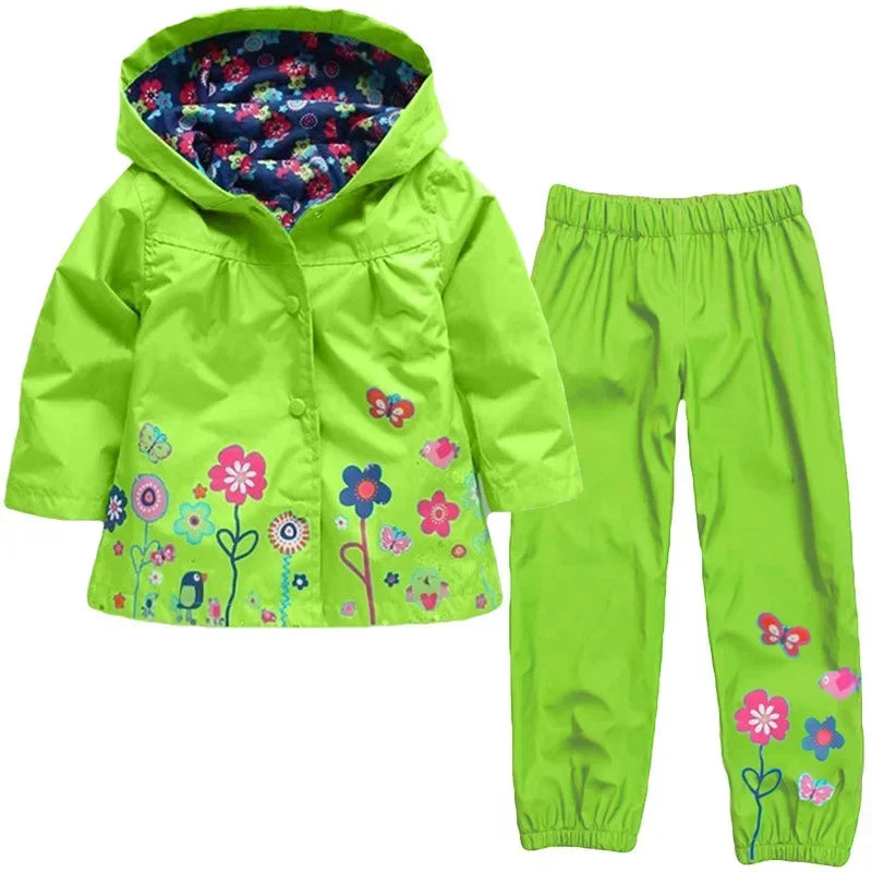 2pcs Children Waterproof Coat Pants Set Spring Autumn Long Sleeve Flower Print for Toddler Boys & Girls