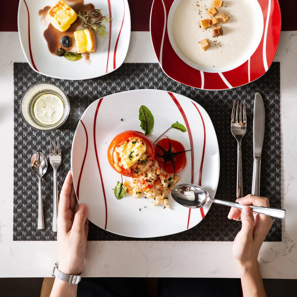 MALACASA Series Felisa 30 Piece Red Stripes Ivory White Porcelain Dinner Set with 6 Piece Cups Saucers Dessert Soup Dinner Plate