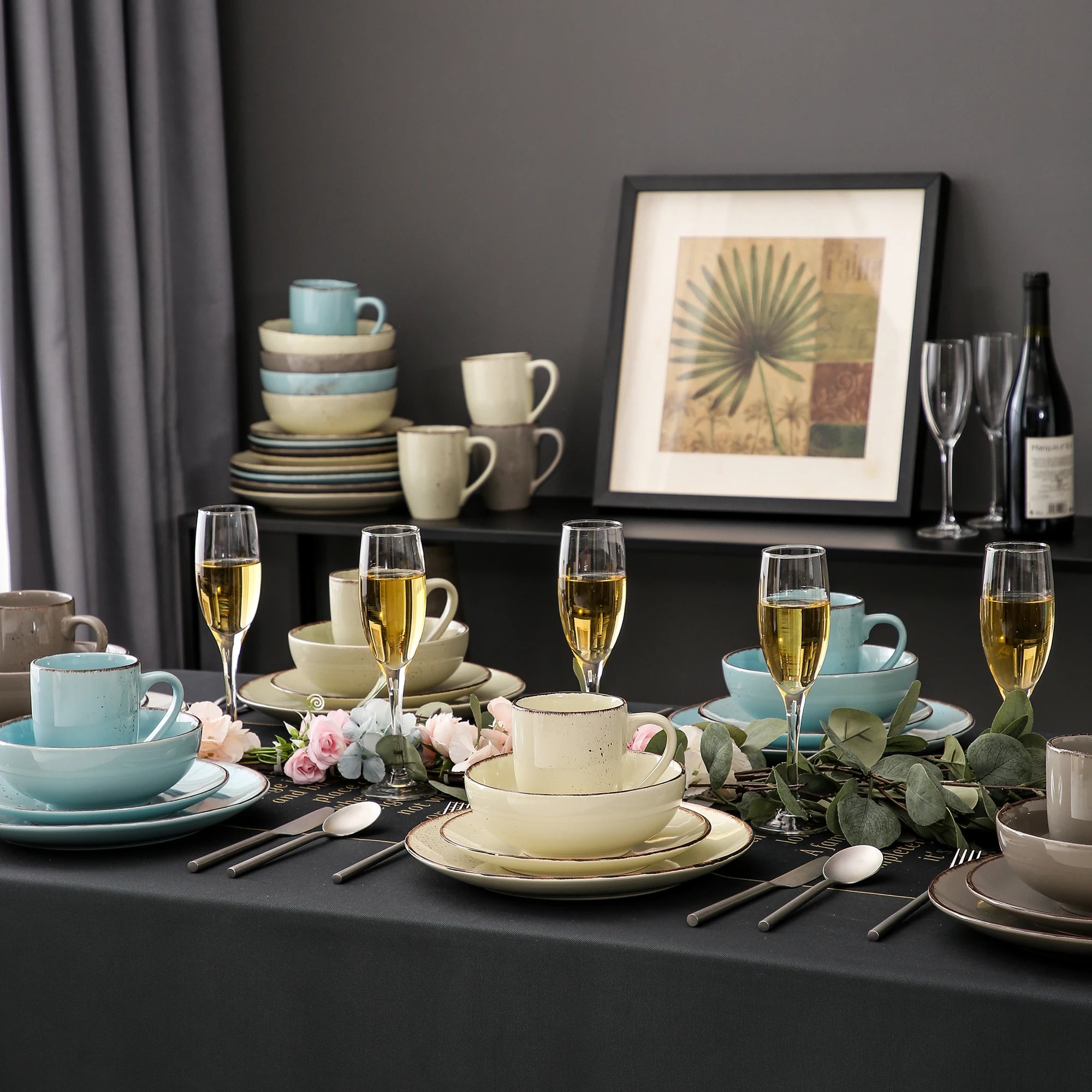Vancasso Navia-LH 16/32/48-Piece Stoneware Ceramic Dinnerware Set with Dinner Plate,Dessert Plate,800ml Bowl, Mug Tableware Set
