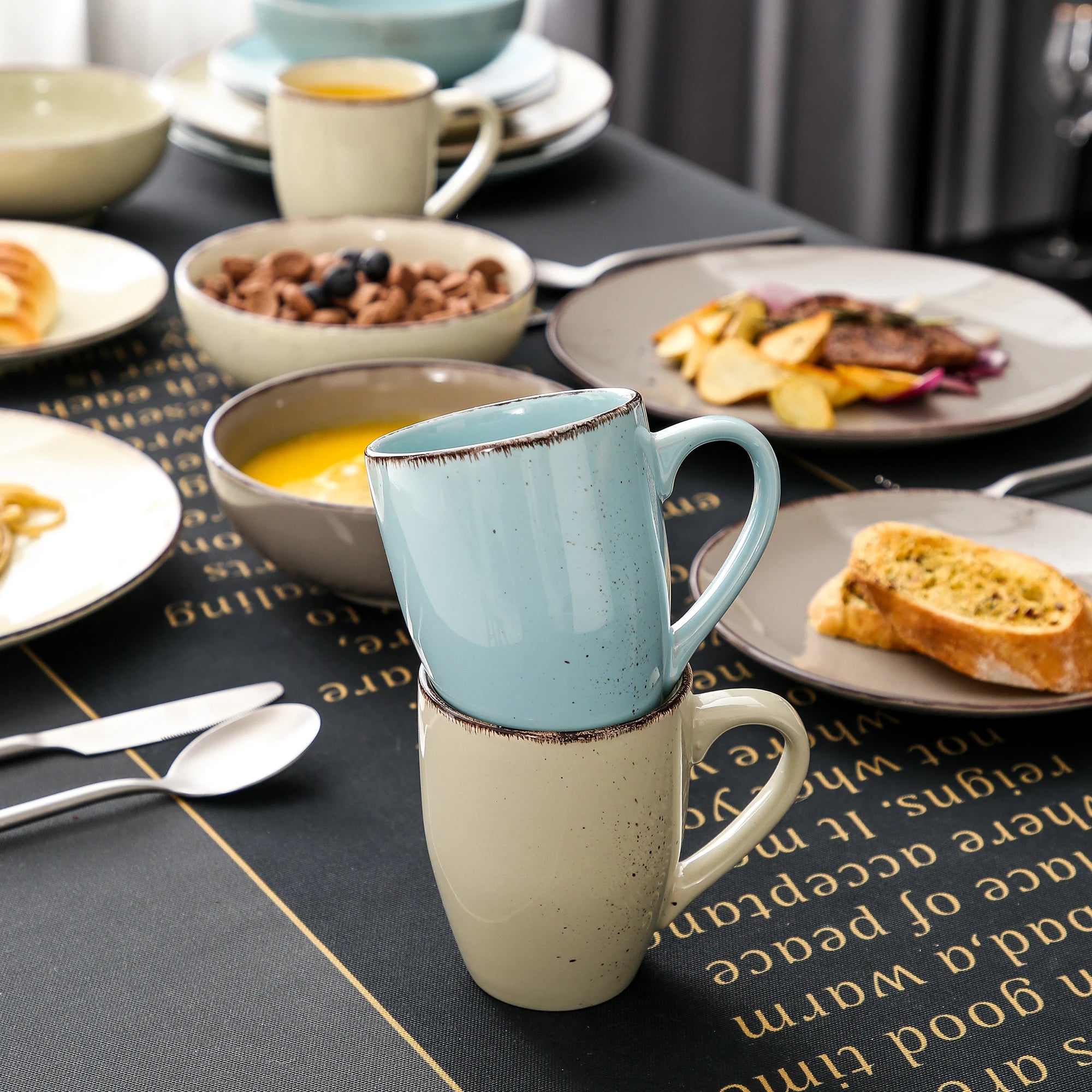 Vancasso Navia-LH 16/32/48-Piece Stoneware Ceramic Dinnerware Set with Dinner Plate,Dessert Plate,800ml Bowl, Mug Tableware Set