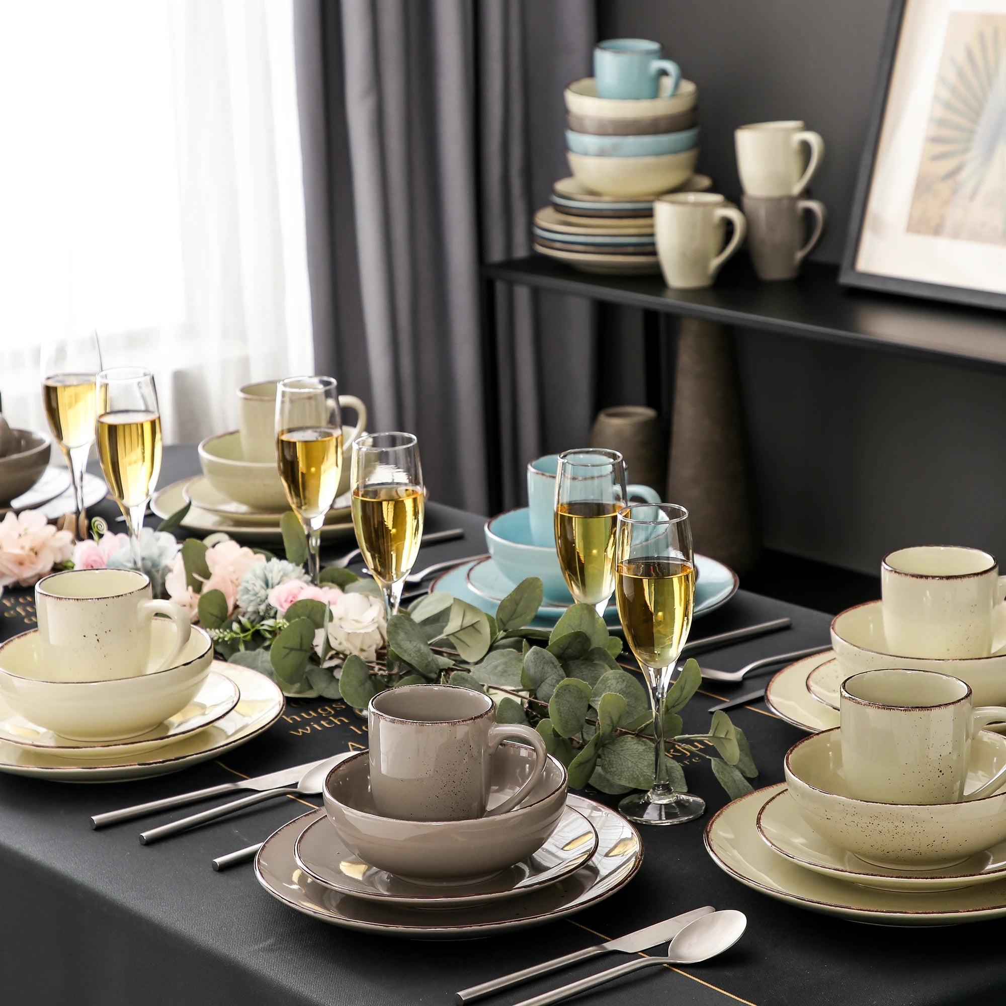 Vancasso Navia-LH 16/32/48-Piece Stoneware Ceramic Dinnerware Set with Dinner Plate,Dessert Plate,800ml Bowl, Mug Tableware Set