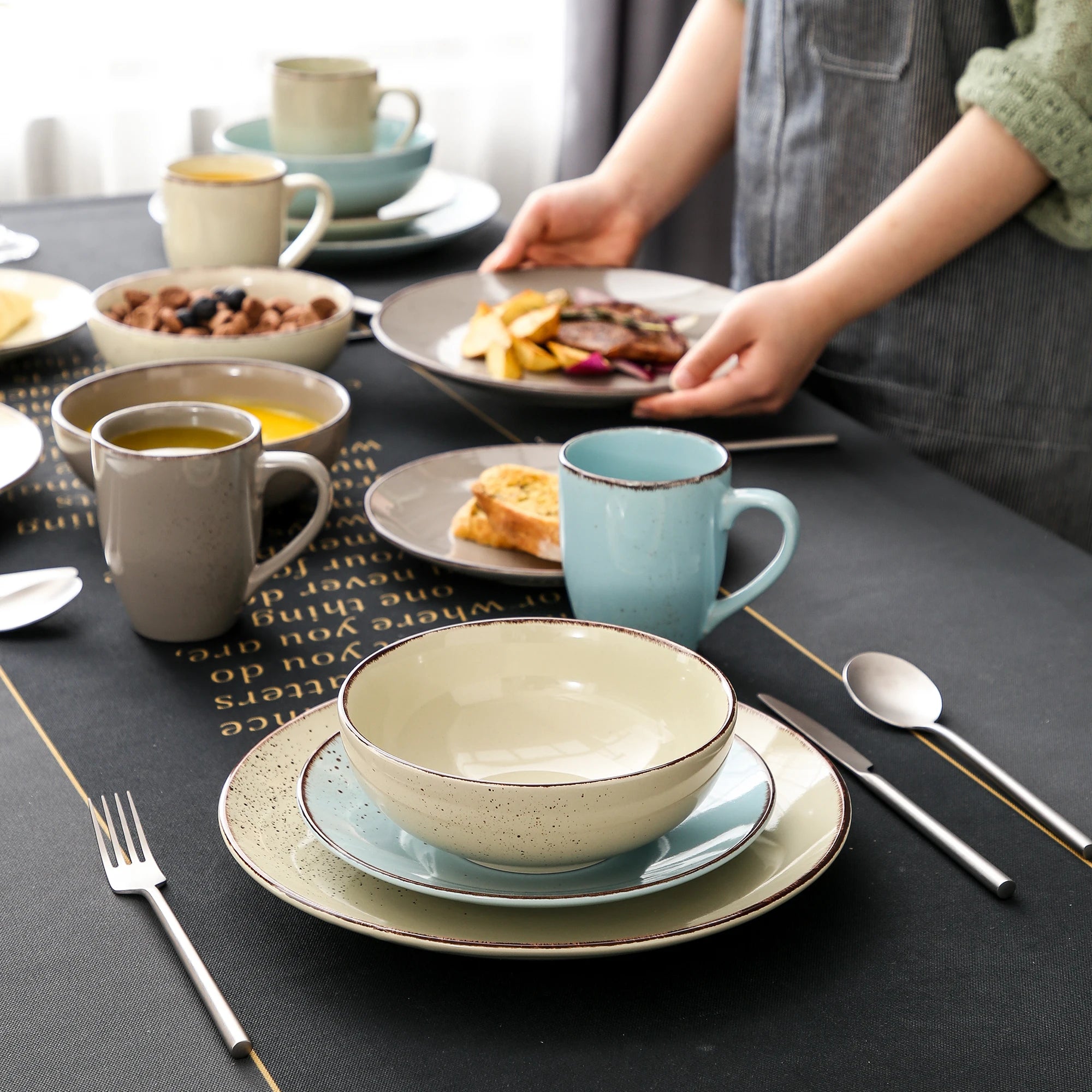 Vancasso Navia-LH 16/32/48-Piece Stoneware Ceramic Dinnerware Set with Dinner Plate,Dessert Plate,800ml Bowl, Mug Tableware Set