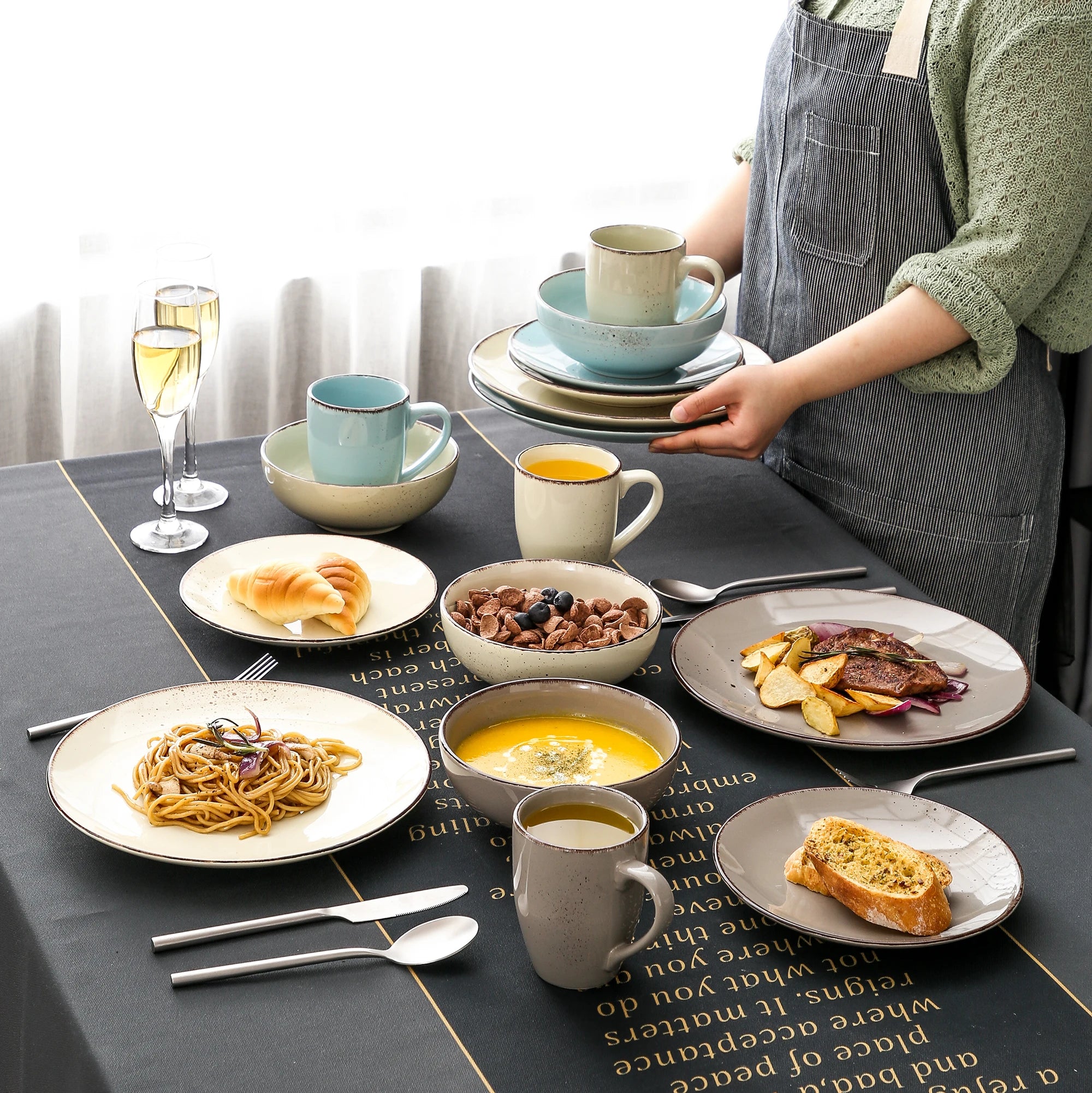 Vancasso Navia-LH 16/32/48-Piece Stoneware Ceramic Dinnerware Set with Dinner Plate,Dessert Plate,800ml Bowl, Mug Tableware Set