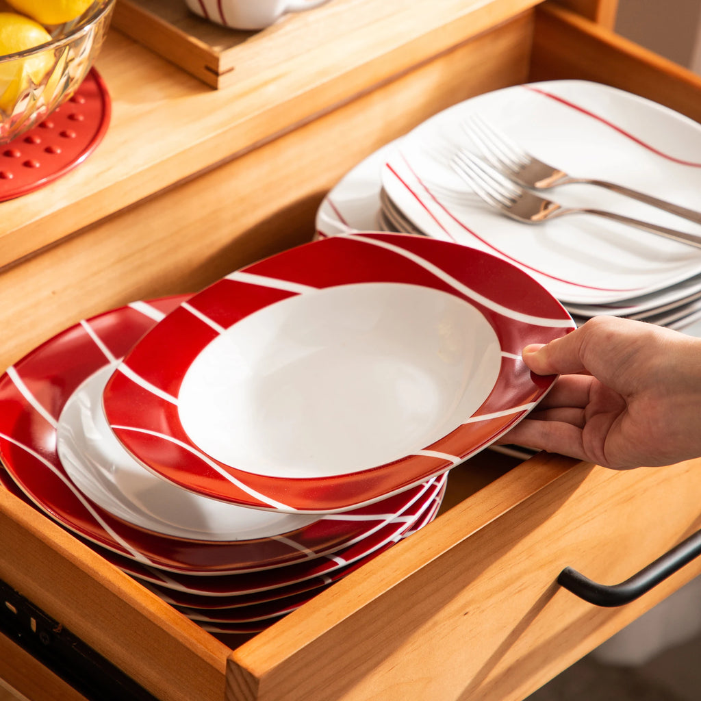 MALACASA Series Felisa 30 Piece Red Stripes Ivory White Porcelain Dinner Set with 6 Piece Cups Saucers Dessert Soup Dinner Plate