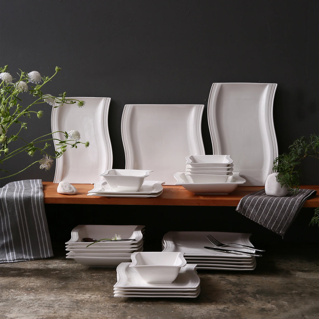 MALACASA Flora 26-Piece Porcelain Dinner Set with Bowls Dessert Soup Dinner Plates Rectangular Plates Set Service for 6 Person
