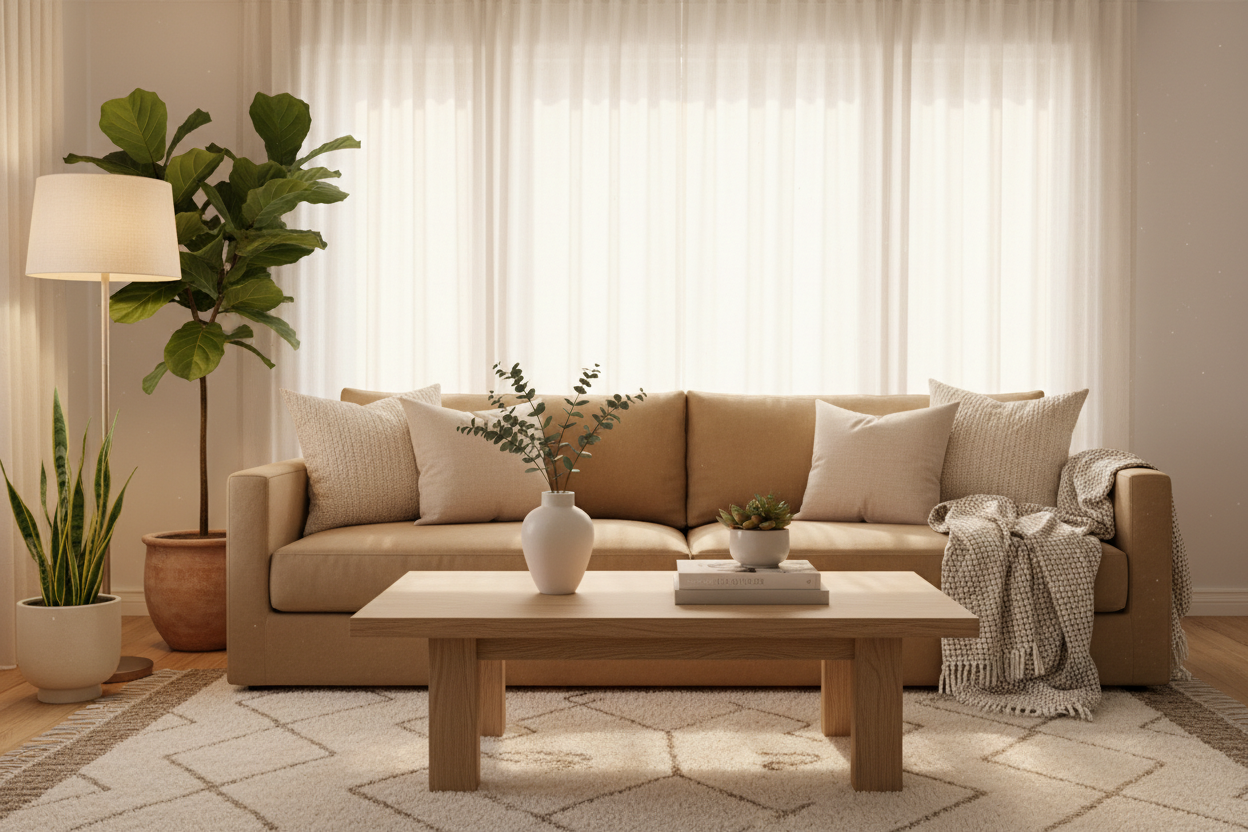 create a realistic image of a cozy netural living room